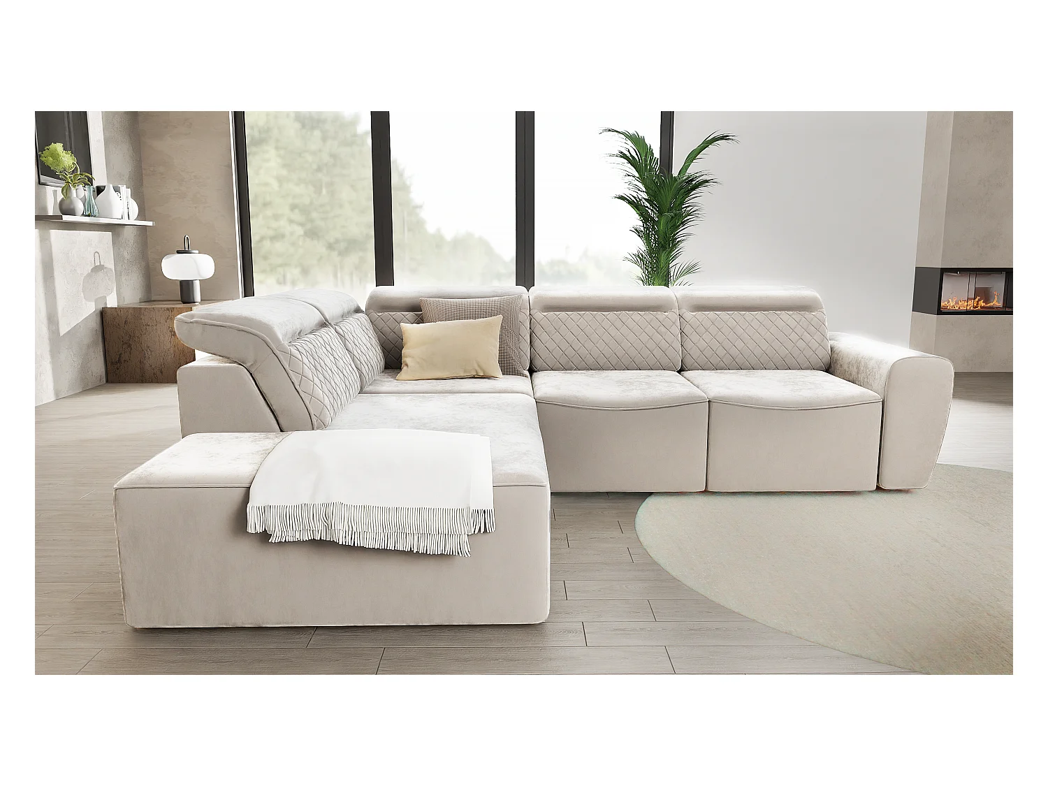 Canapé d’angle moderne avec fonction lit et coffre de rangement, en tissu velours beige, et des appuie-têtes réglables Hilda