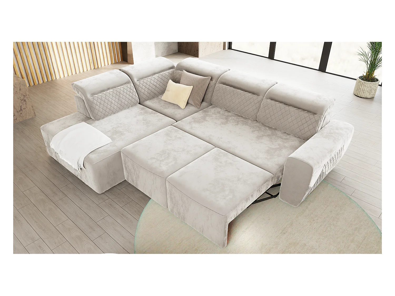 Canapé d’angle moderne avec fonction lit et coffre de rangement, en tissu velours beige, et des appuie-têtes réglables Hilda