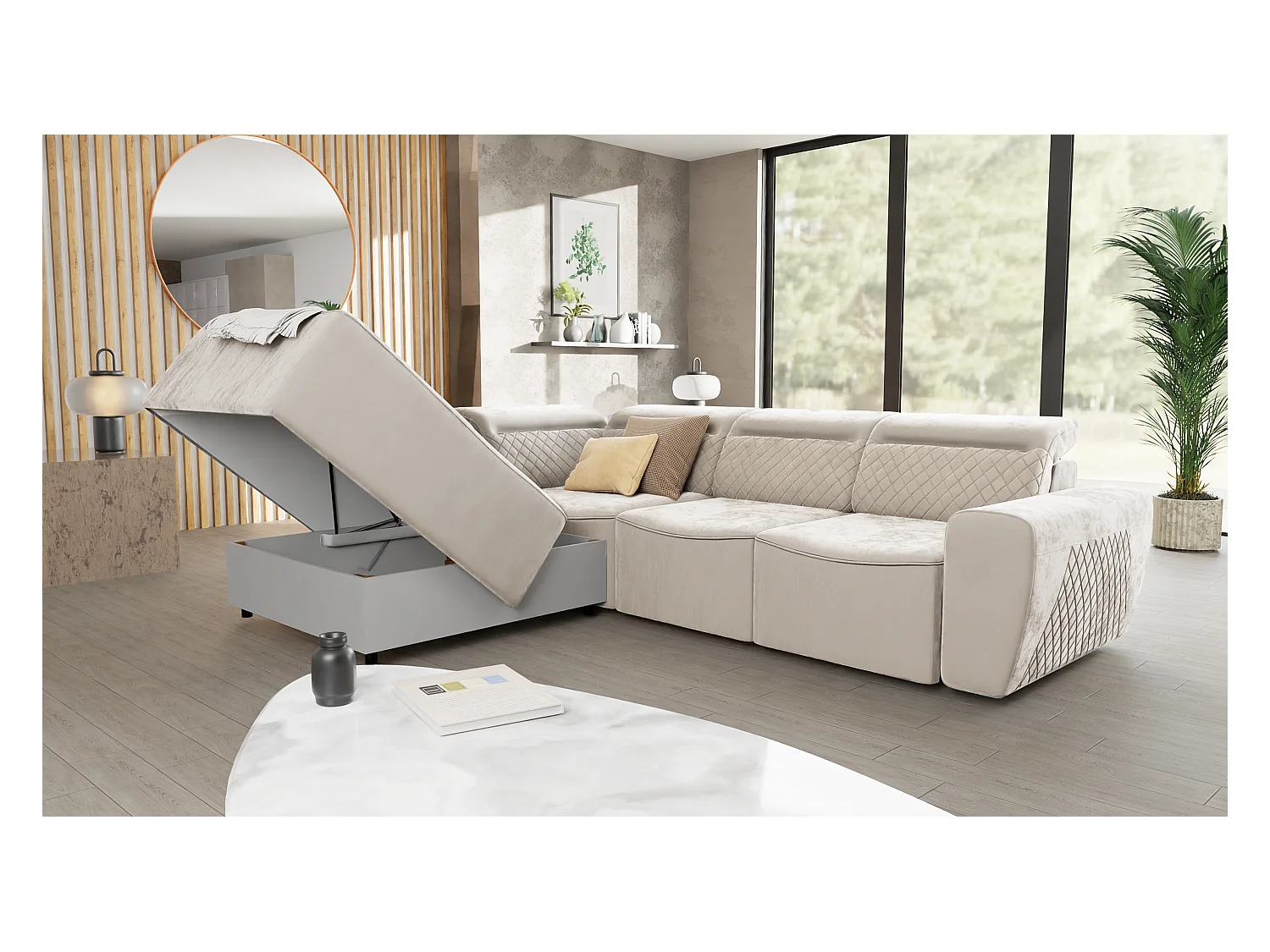 Canapé d’angle moderne avec fonction lit et coffre de rangement, en tissu velours beige, et des appuie-têtes réglables Hilda