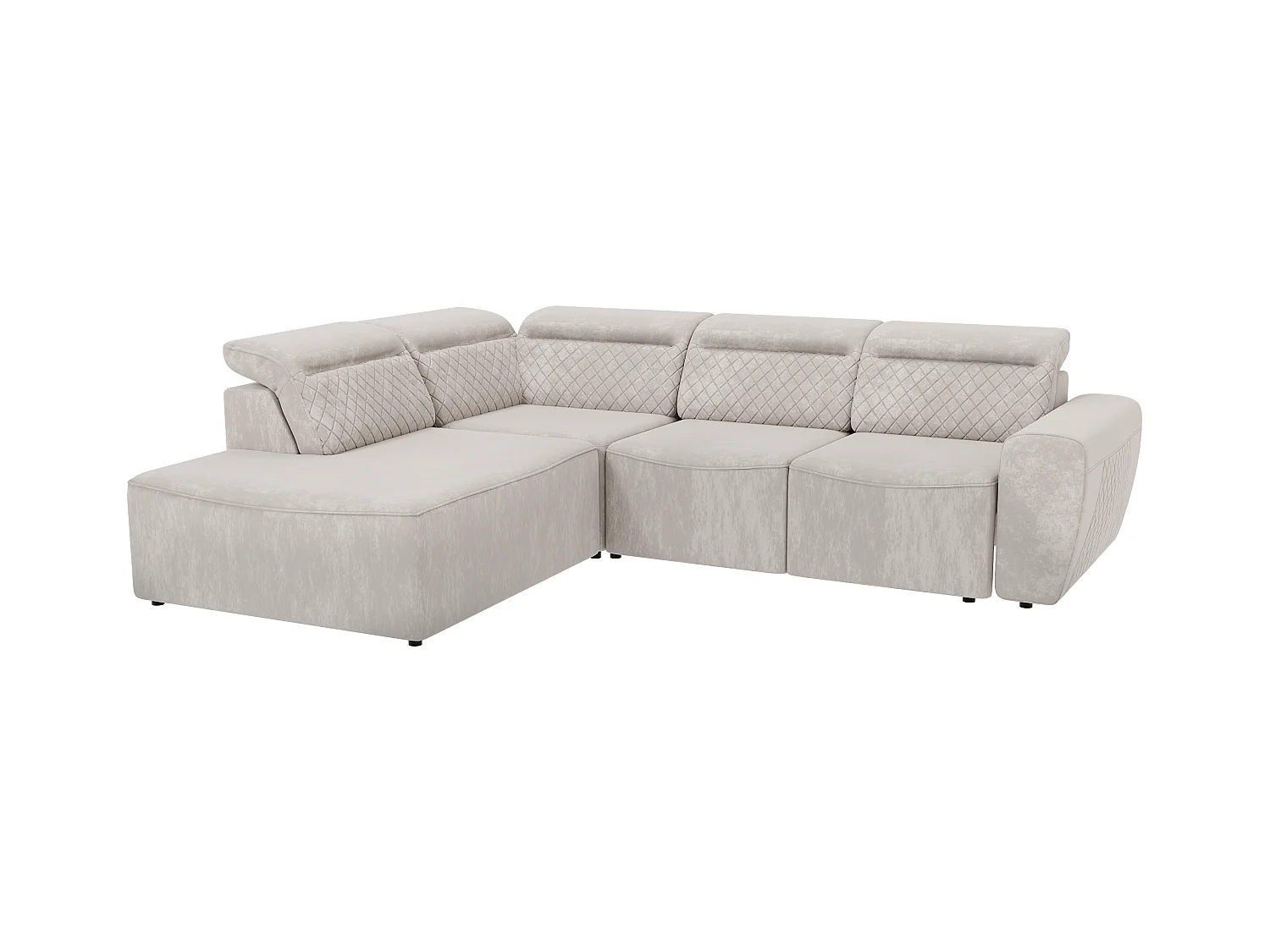 Canapé d’angle moderne avec fonction lit et coffre de rangement, en tissu velours beige, et des appuie-têtes réglables Hilda