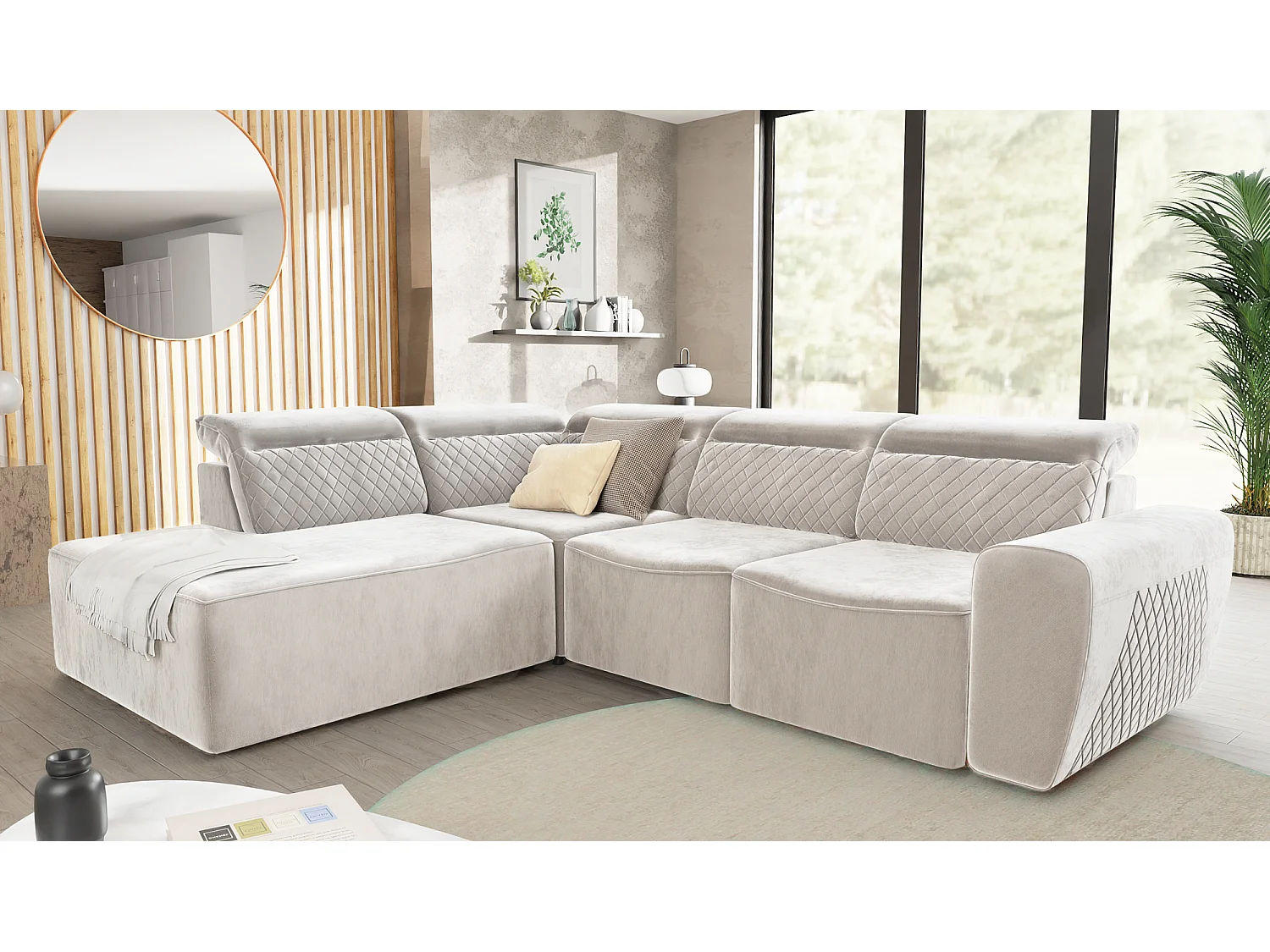 Canapé d’angle moderne avec fonction lit et coffre de rangement, en tissu velours beige, et des appuie-têtes réglables Hilda