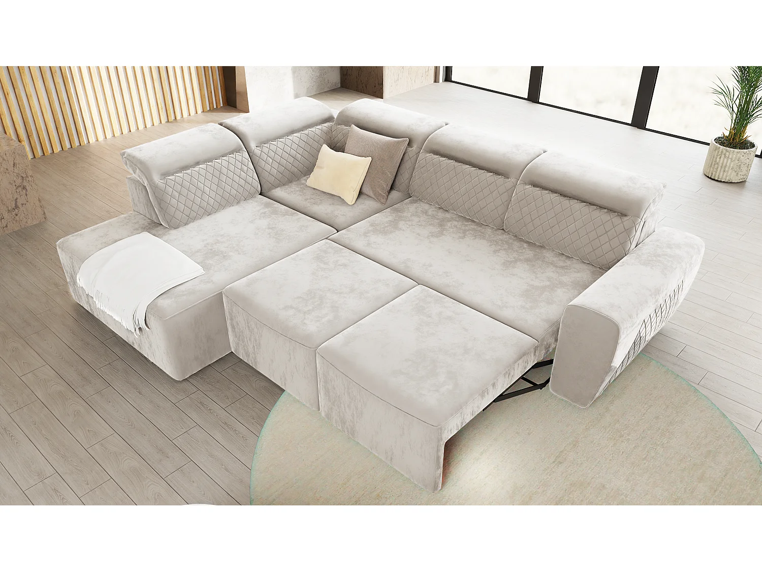 Canapé d’angle moderne avec fonction lit et coffre de rangement, en tissu velours beige, et des appuie-têtes réglables Hilda