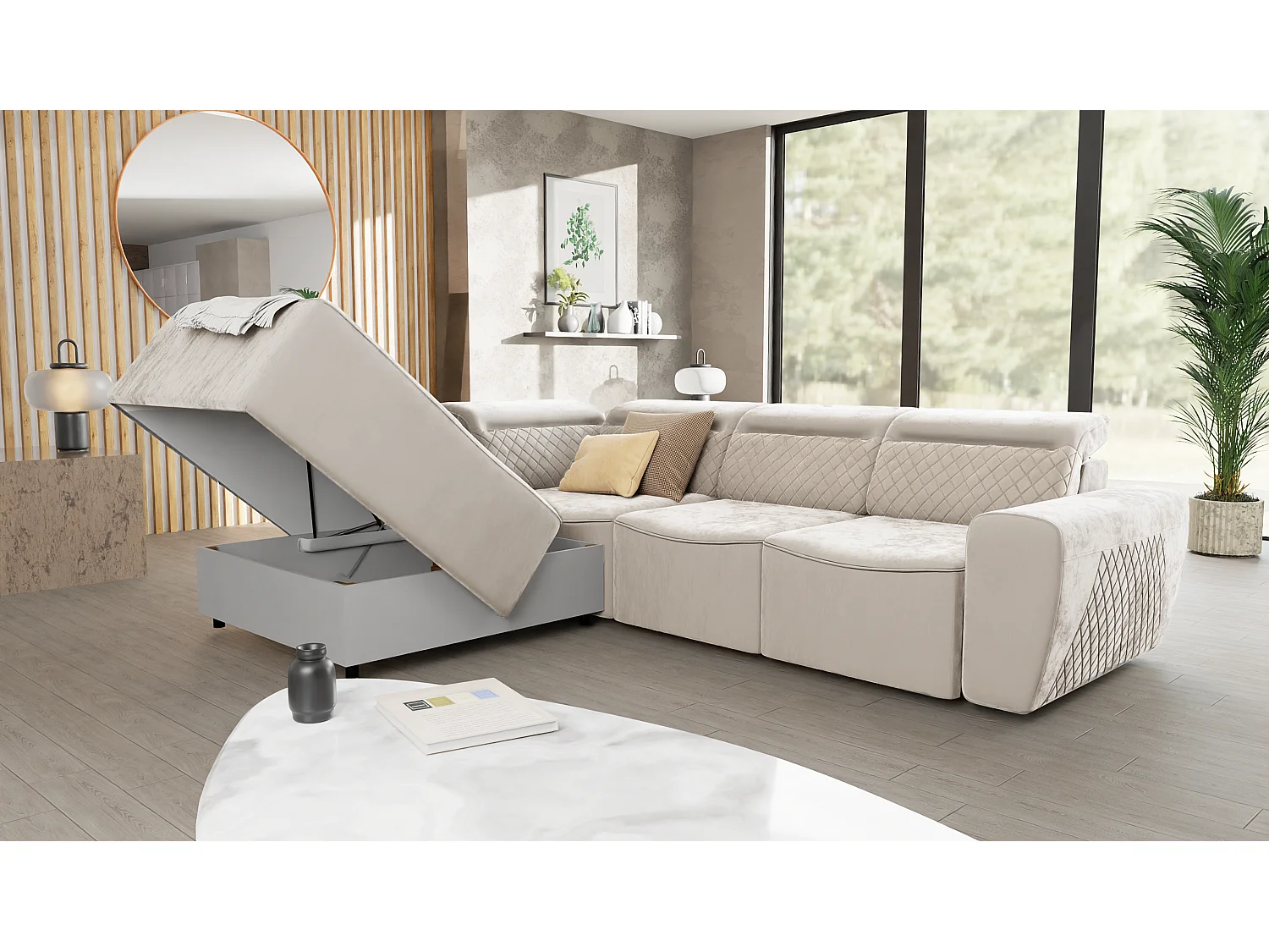 Canapé d’angle moderne avec fonction lit et coffre de rangement, en tissu velours beige, et des appuie-têtes réglables Hilda