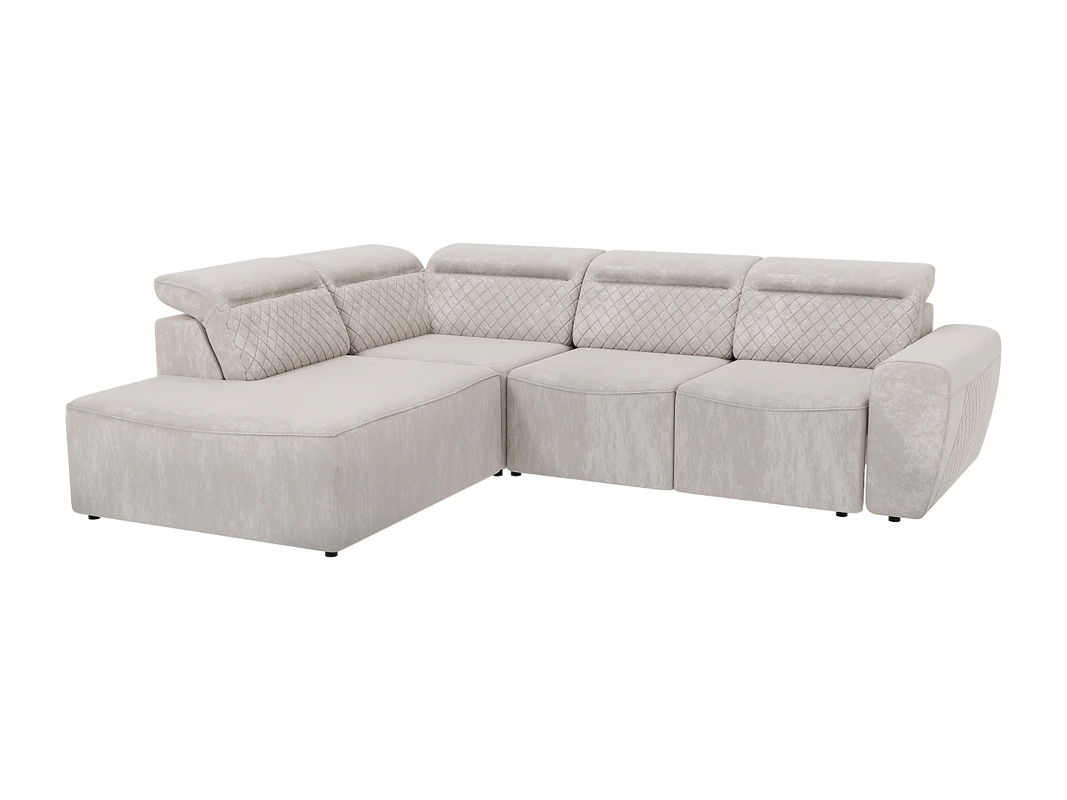 Canapé d’angle moderne avec fonction lit et coffre de rangement, en tissu velours beige, et des appuie-têtes réglables Hilda