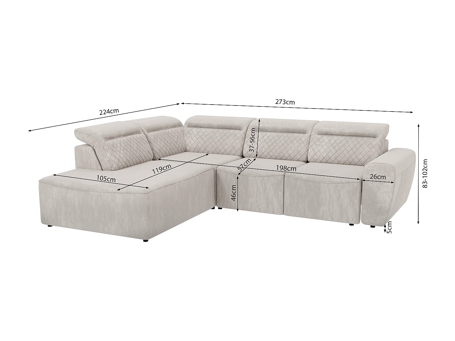 Canapé d’angle moderne avec fonction lit et coffre de rangement, en tissu velours beige, et des appuie-têtes réglables Hilda