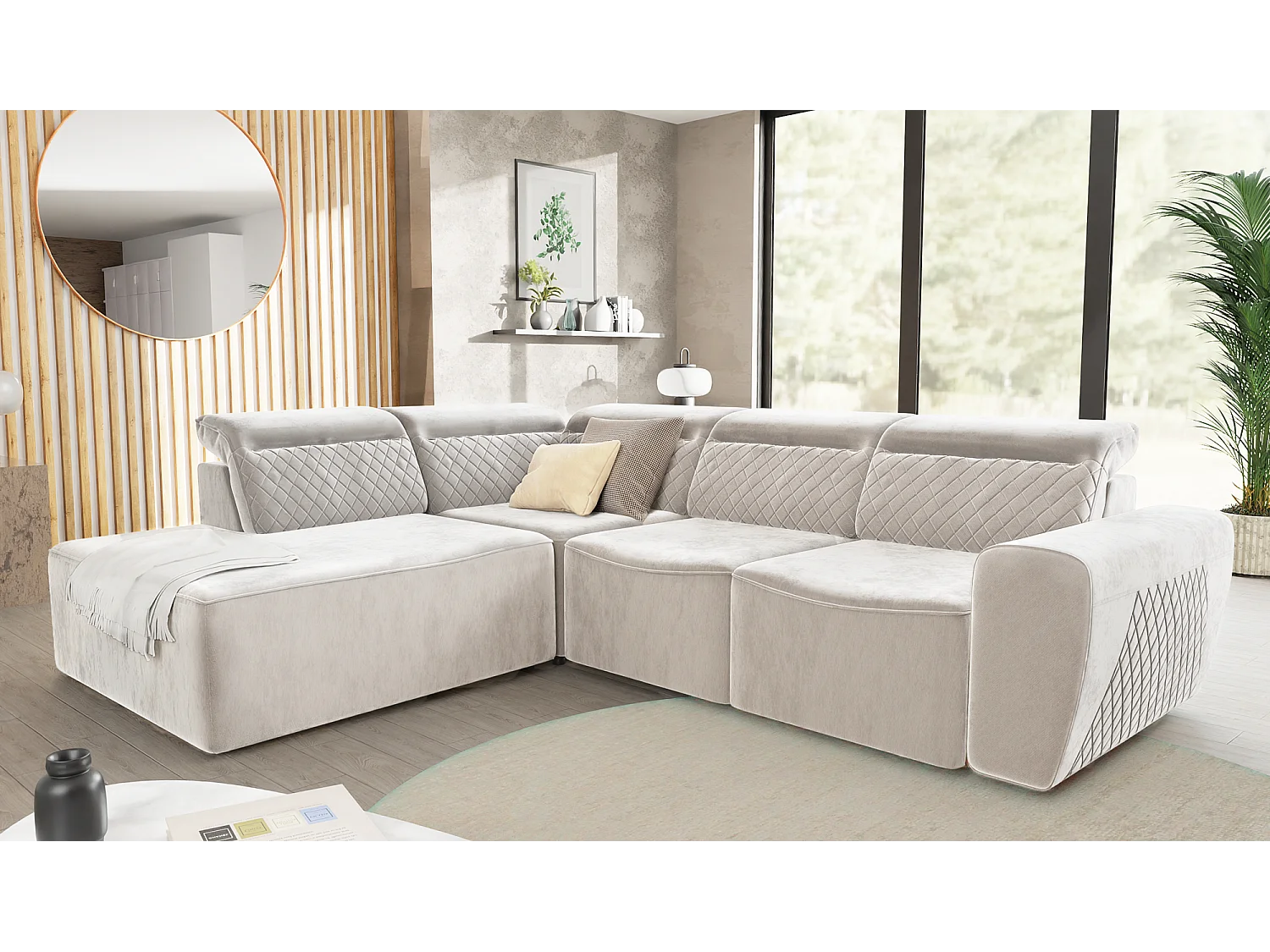 Canapé d’angle moderne avec fonction lit et coffre de rangement, en tissu velours beige, et des appuie-têtes réglables Hilda