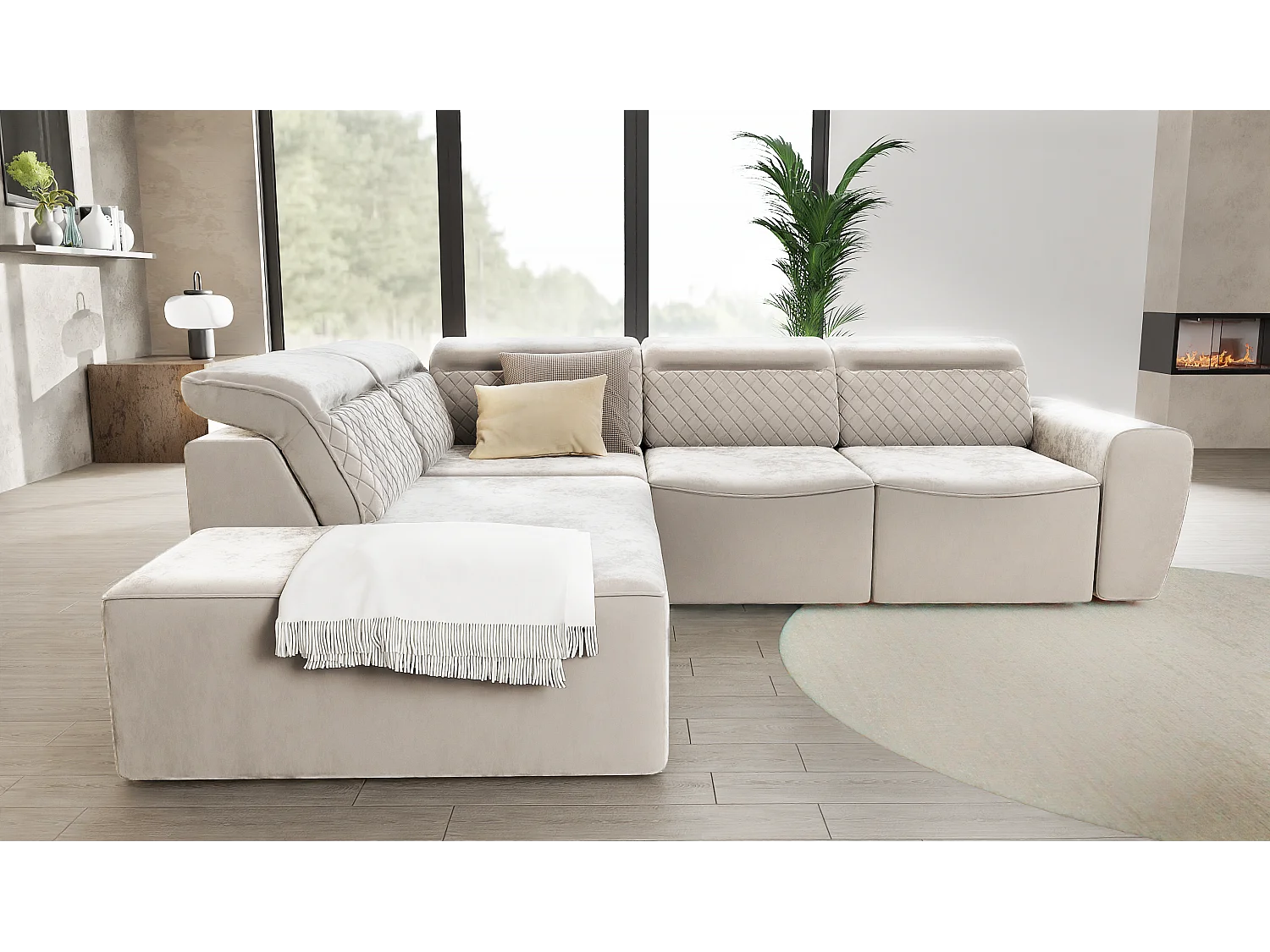 Canapé d’angle moderne avec fonction lit et coffre de rangement, en tissu velours beige, et des appuie-têtes réglables Hilda