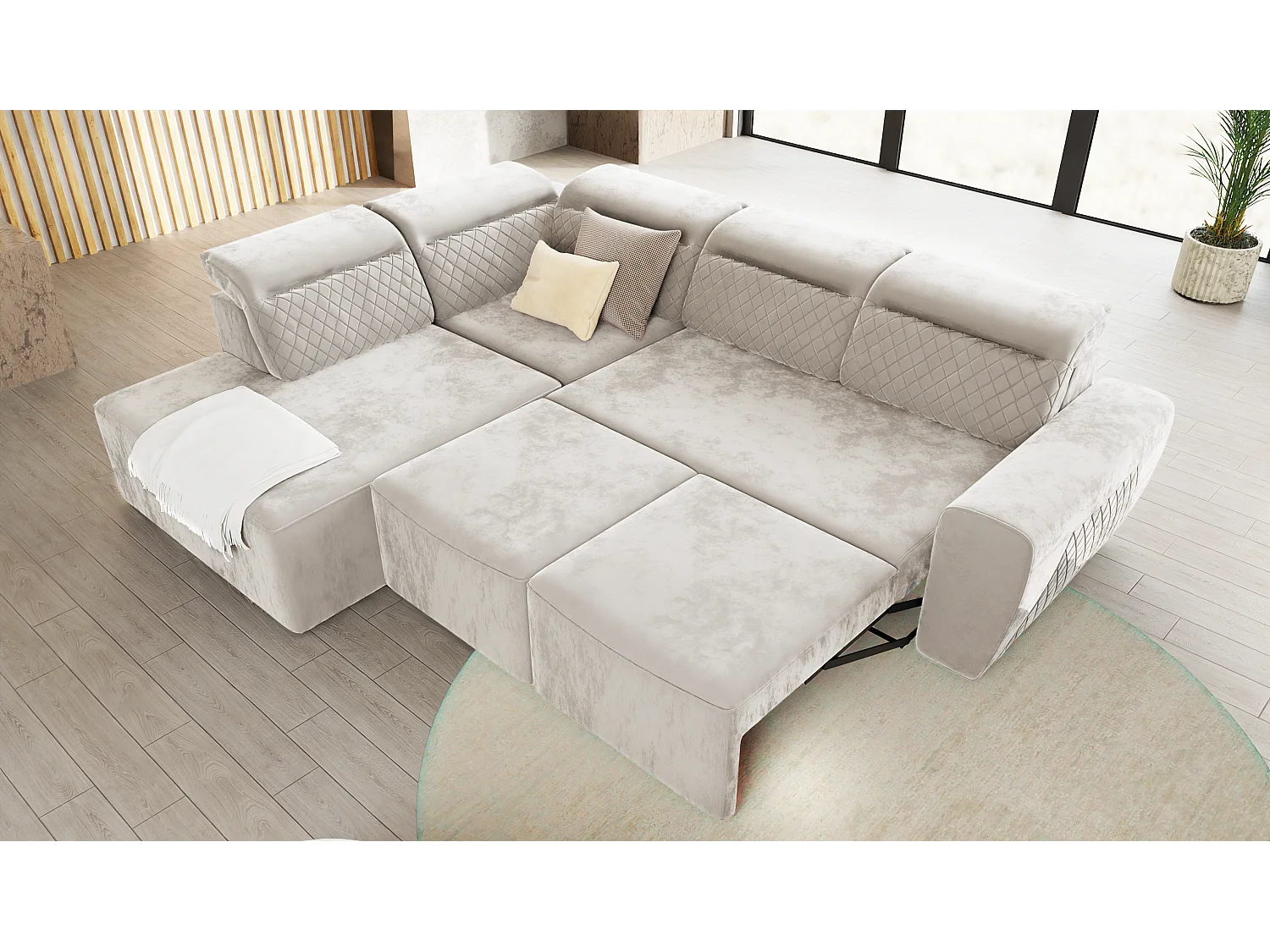 Canapé d’angle moderne avec fonction lit et coffre de rangement, en tissu velours beige, et des appuie-têtes réglables Hilda