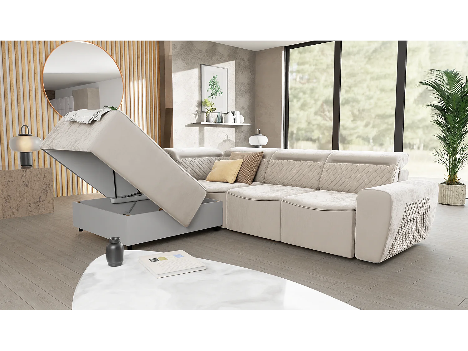 Canapé d’angle moderne avec fonction lit et coffre de rangement, en tissu velours beige, et des appuie-têtes réglables Hilda