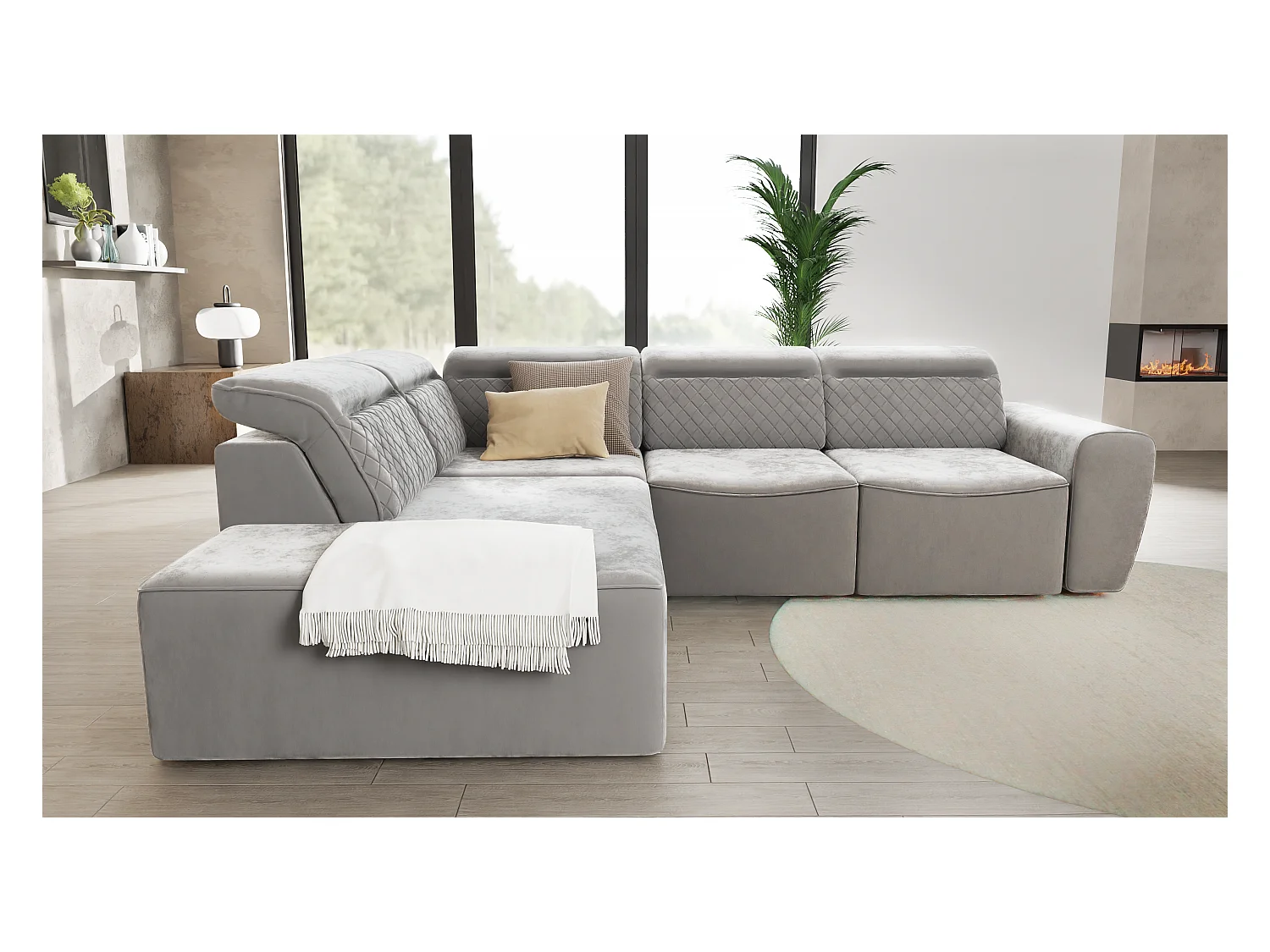 Canapé d’angle moderne avec fonction lit et coffre de rangement, en tissu velours gris, et des appuie-têtes réglables Hilda