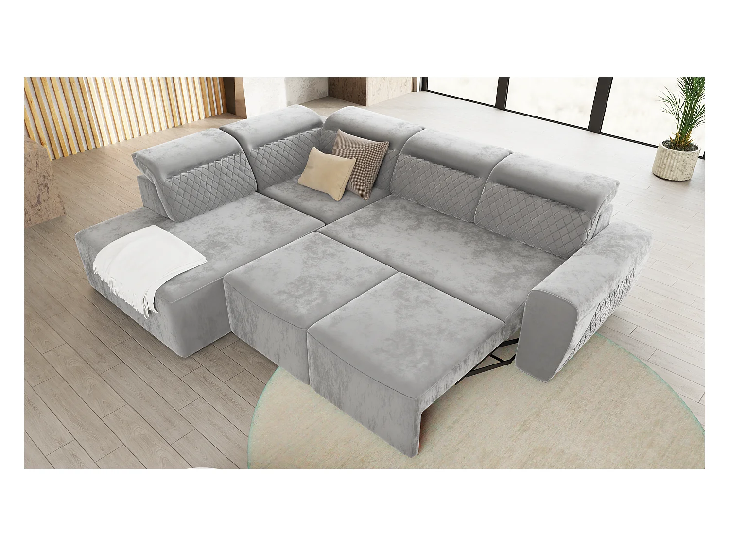 Canapé d’angle moderne avec fonction lit et coffre de rangement, en tissu velours gris, et des appuie-têtes réglables Hilda