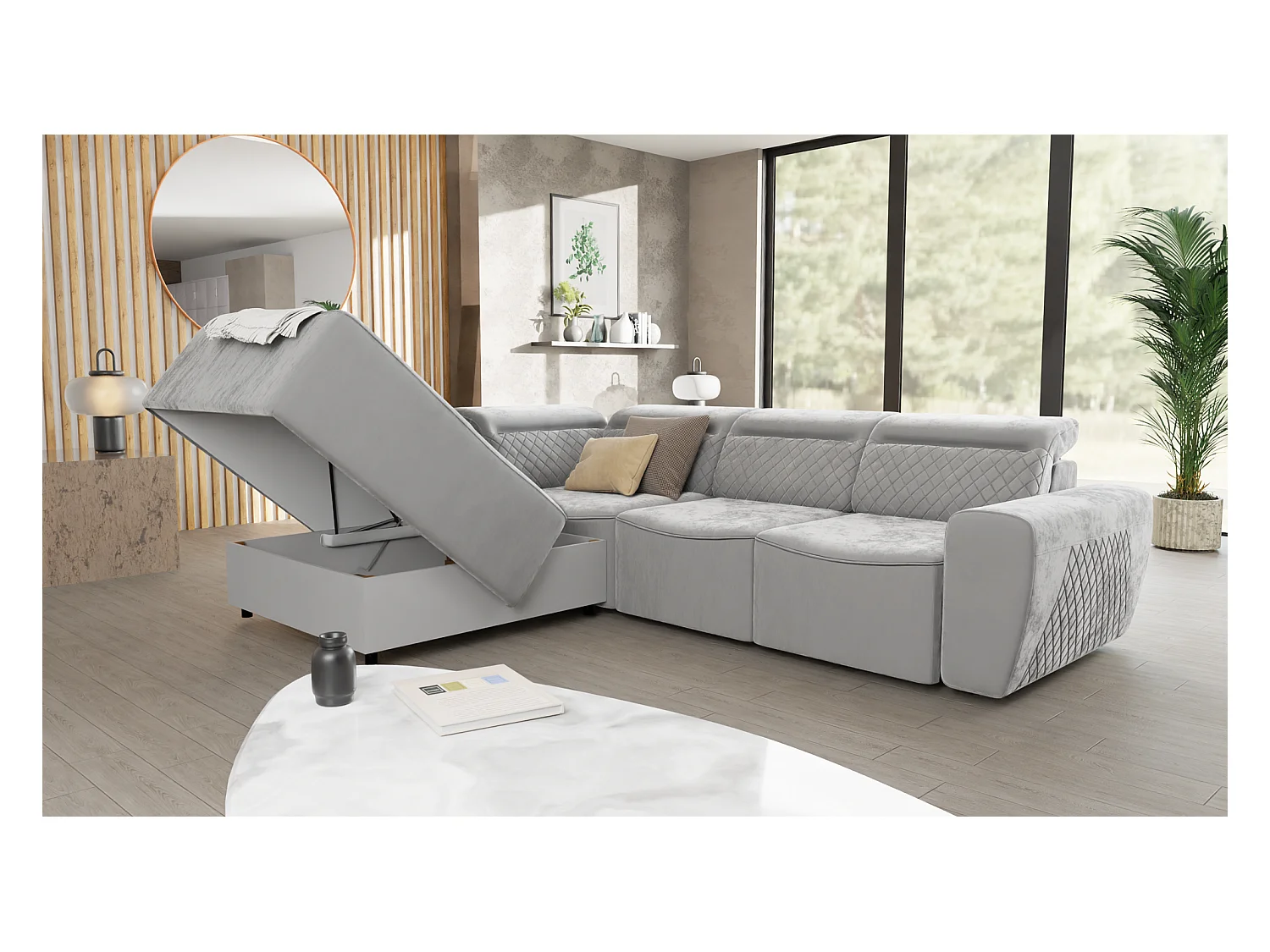 Canapé d’angle moderne avec fonction lit et coffre de rangement, en tissu velours gris, et des appuie-têtes réglables Hilda