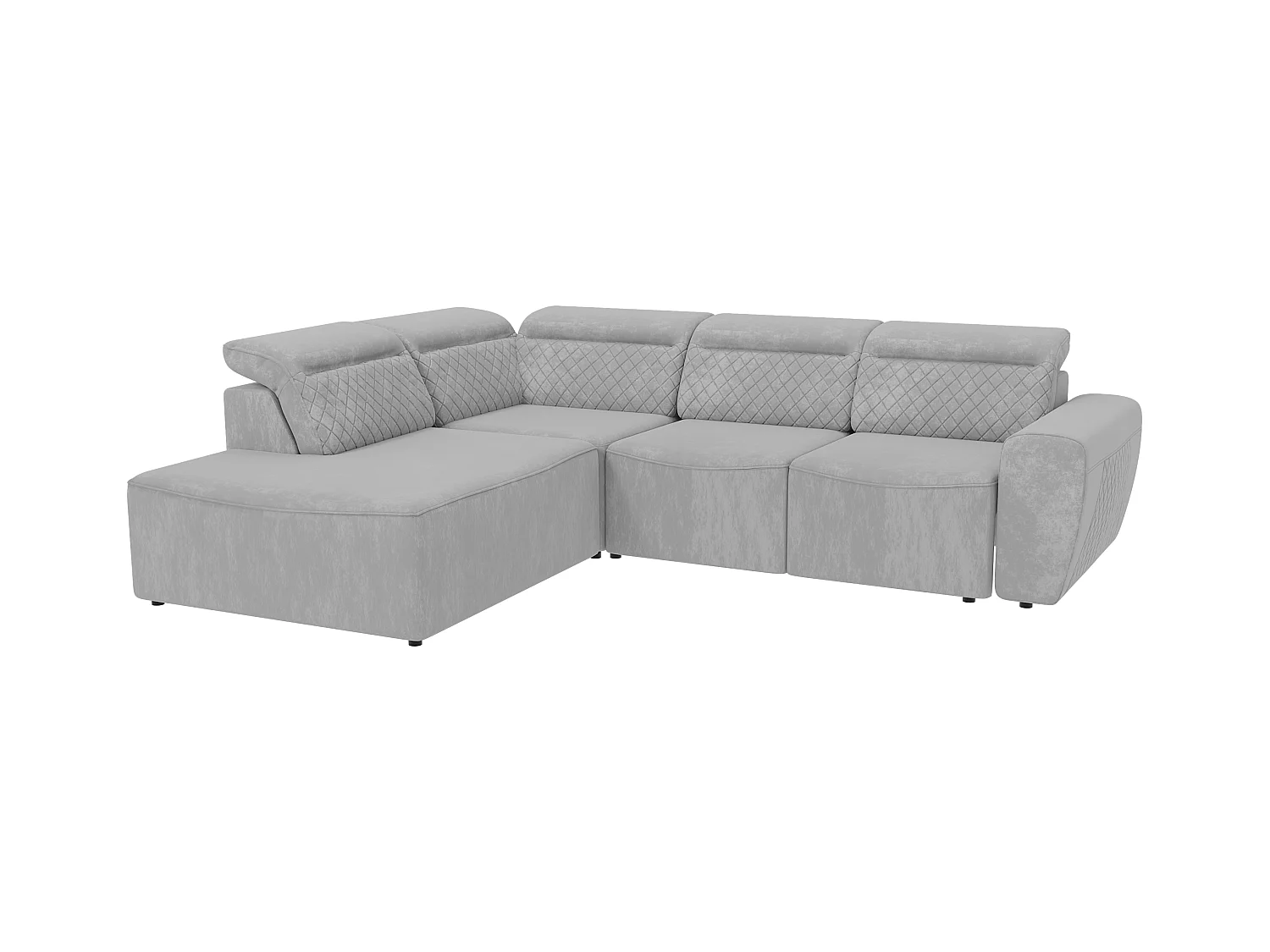 Canapé d’angle moderne avec fonction lit et coffre de rangement, en tissu velours gris, et des appuie-têtes réglables Hilda