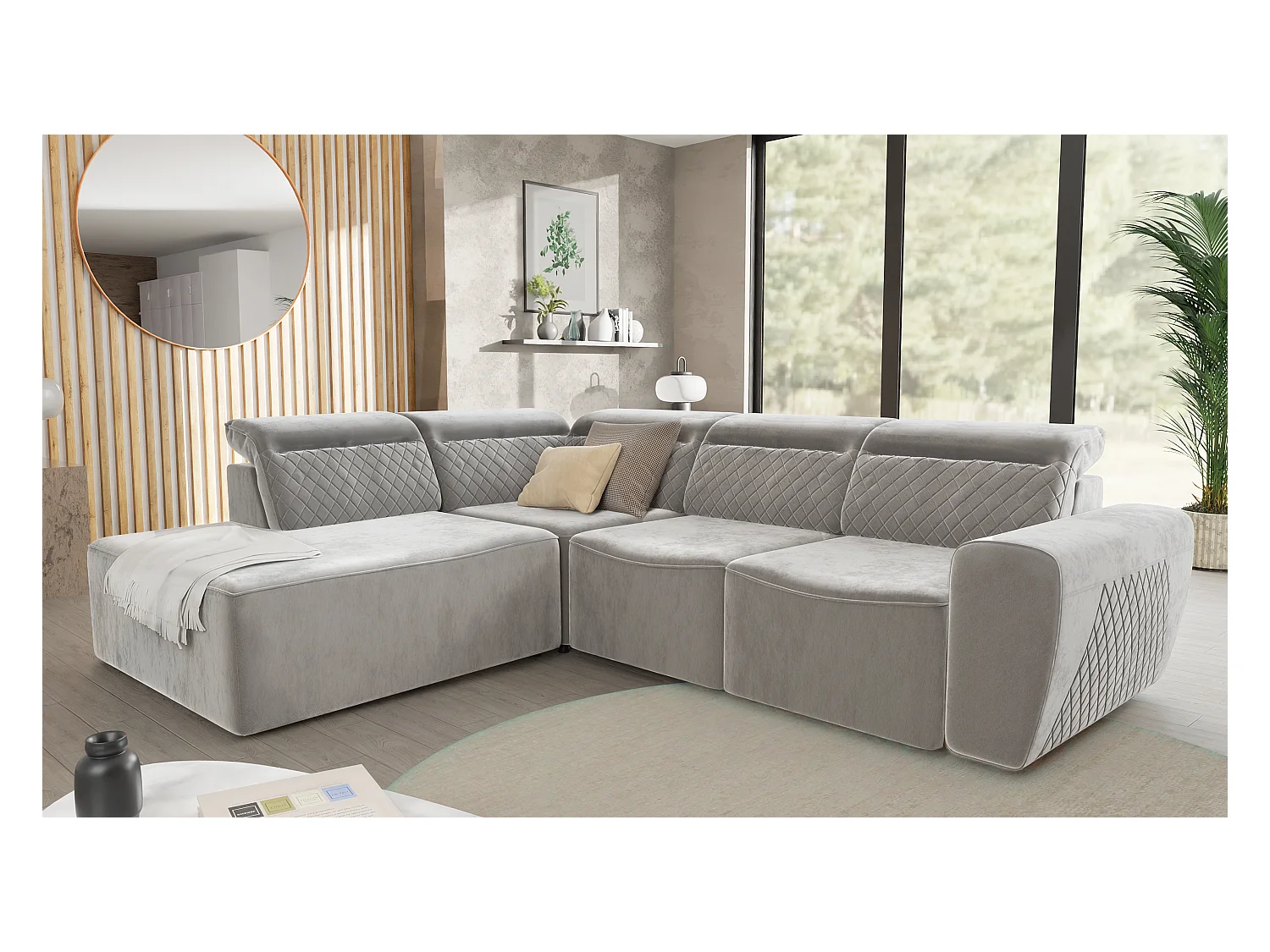 Canapé d’angle moderne avec fonction lit et coffre de rangement, en tissu velours gris, et des appuie-têtes réglables Hilda