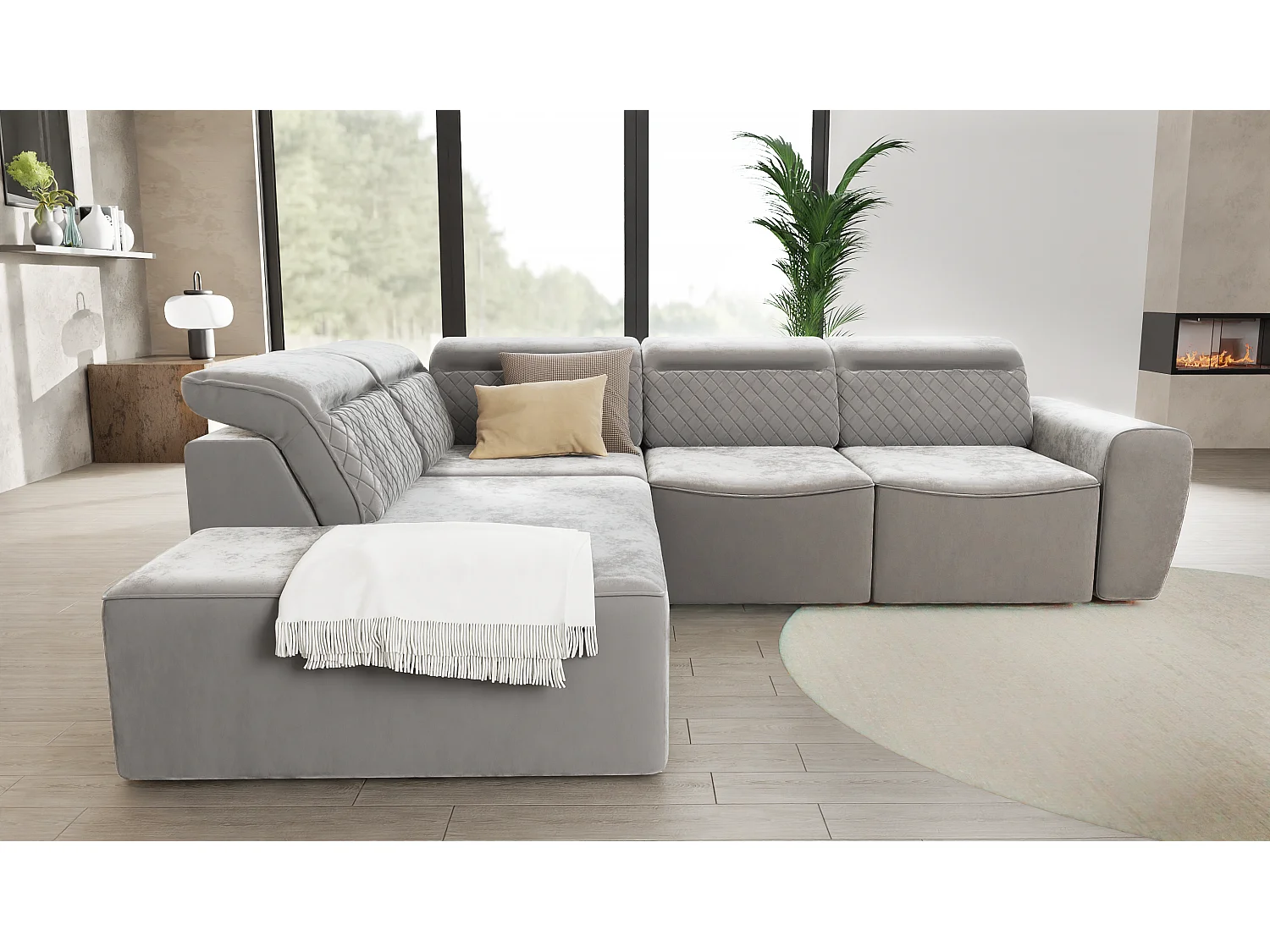 Canapé d’angle moderne avec fonction lit et coffre de rangement, en tissu velours gris, et des appuie-têtes réglables Hilda