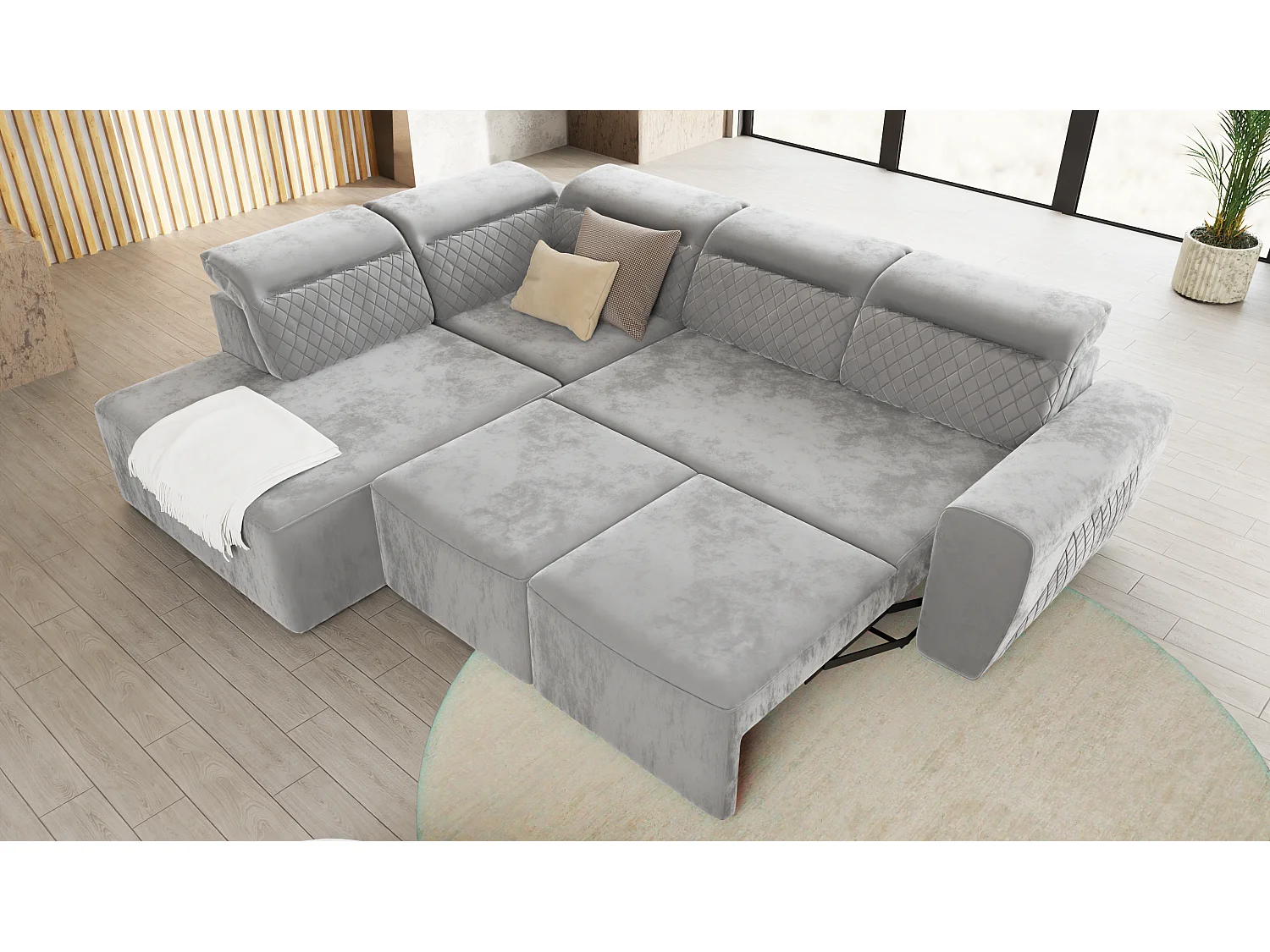 Canapé d’angle moderne avec fonction lit et coffre de rangement, en tissu velours gris, et des appuie-têtes réglables Hilda