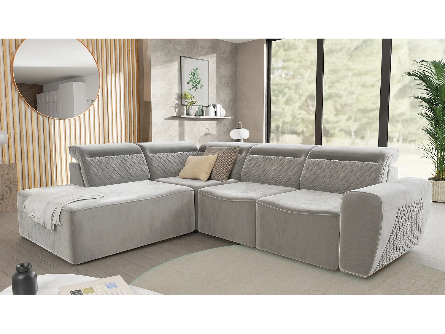 Canapé d’angle moderne avec fonction lit et coffre de rangement, en tissu velours gris, et des appuie-têtes réglables Hilda