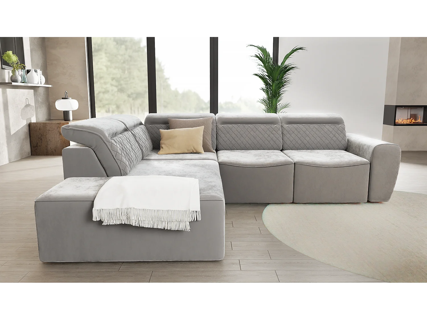 Canapé d’angle moderne avec fonction lit et coffre de rangement, en tissu velours gris, et des appuie-têtes réglables Hilda