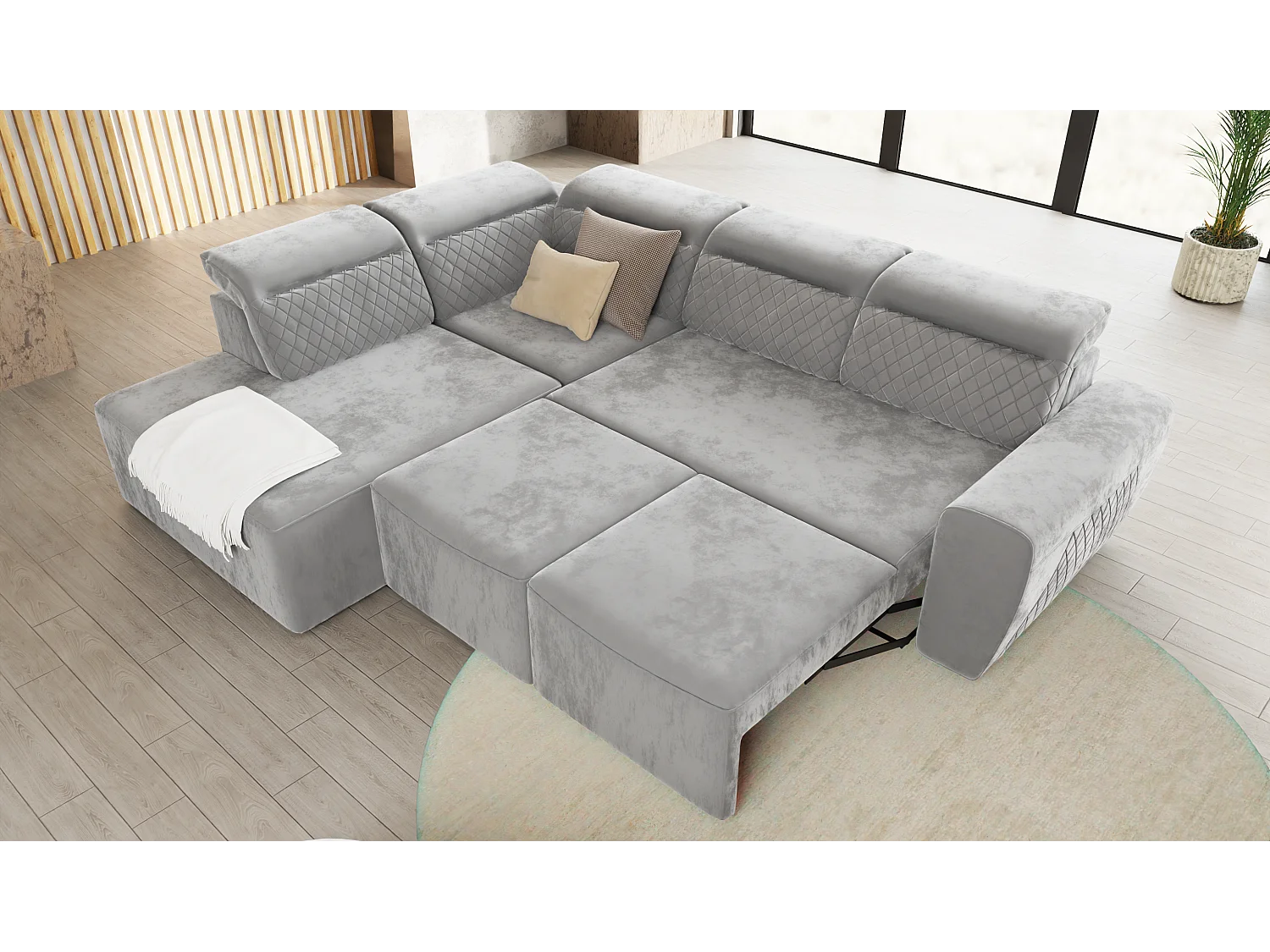 Canapé d’angle moderne avec fonction lit et coffre de rangement, en tissu velours gris, et des appuie-têtes réglables Hilda