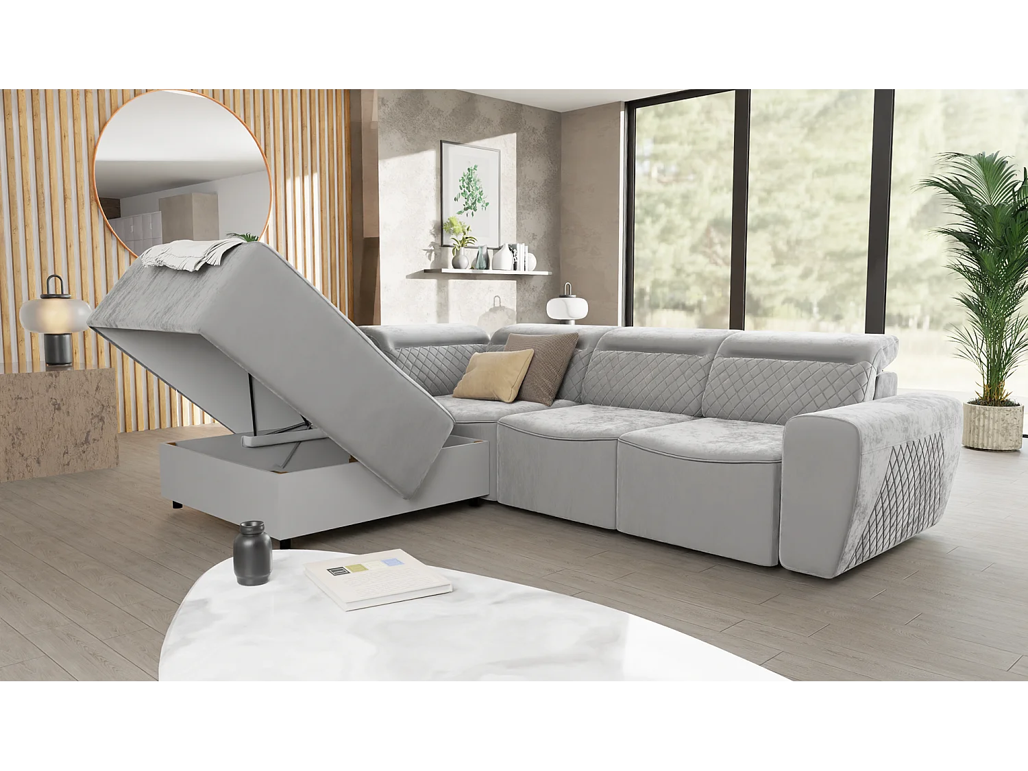 Canapé d’angle moderne avec fonction lit et coffre de rangement, en tissu velours gris, et des appuie-têtes réglables Hilda