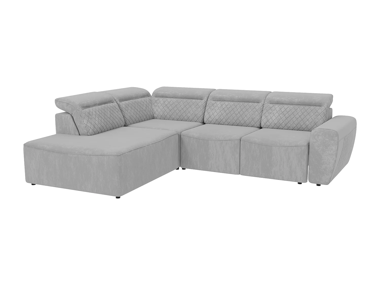 Canapé d’angle moderne avec fonction lit et coffre de rangement, en tissu velours gris, et des appuie-têtes réglables Hilda