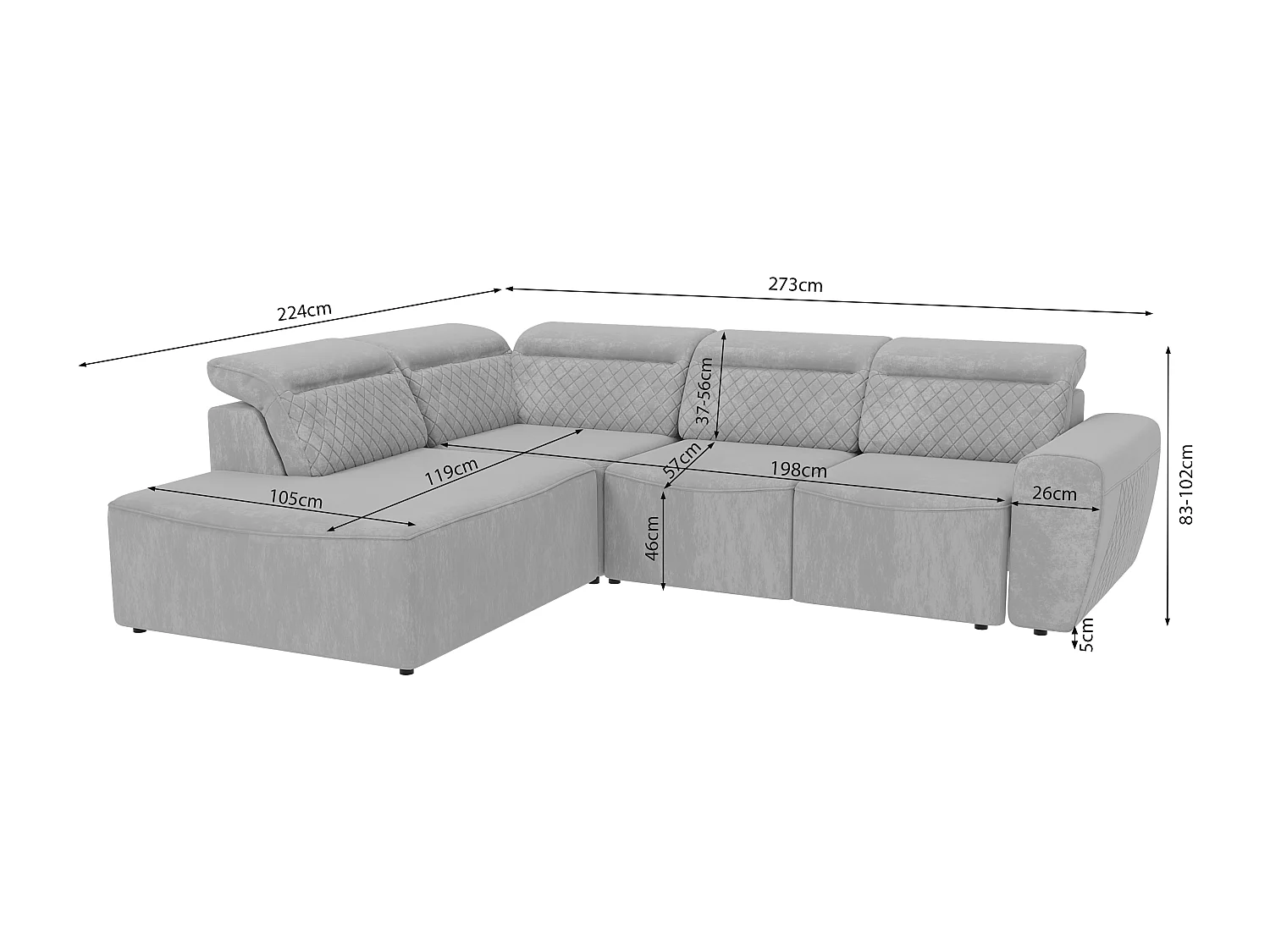 Canapé d’angle moderne avec fonction lit et coffre de rangement, en tissu velours gris, et des appuie-têtes réglables Hilda