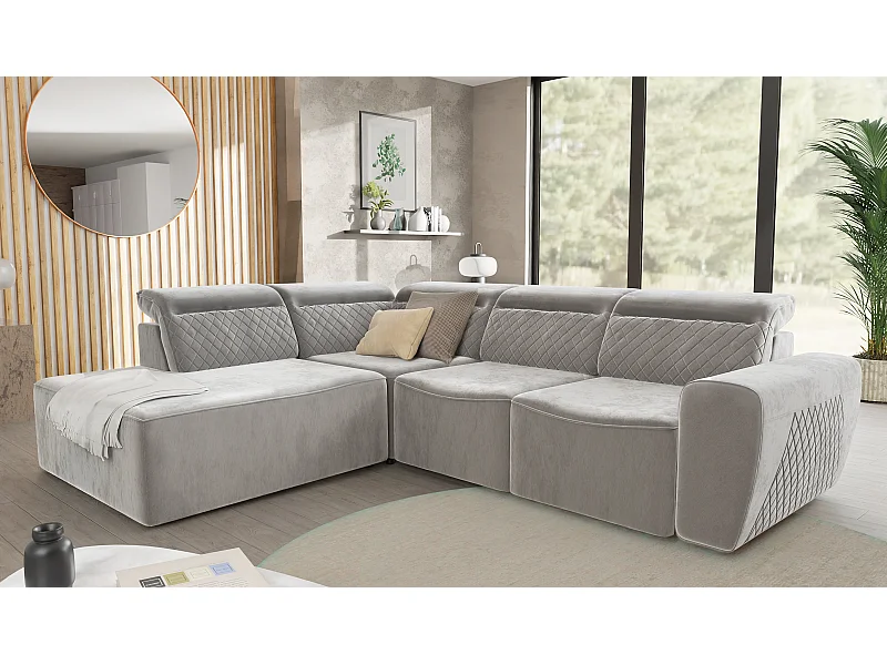 Canapé d’angle moderne avec fonction lit et coffre de rangement, en tissu velours gris, et des appuie-têtes réglables Hilda