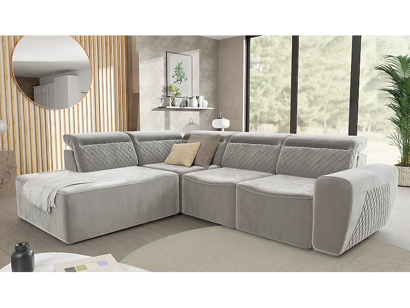 Canapé d’angle moderne avec fonction lit et coffre de rangement, en tissu velours gris, et des appuie-têtes réglables Hilda