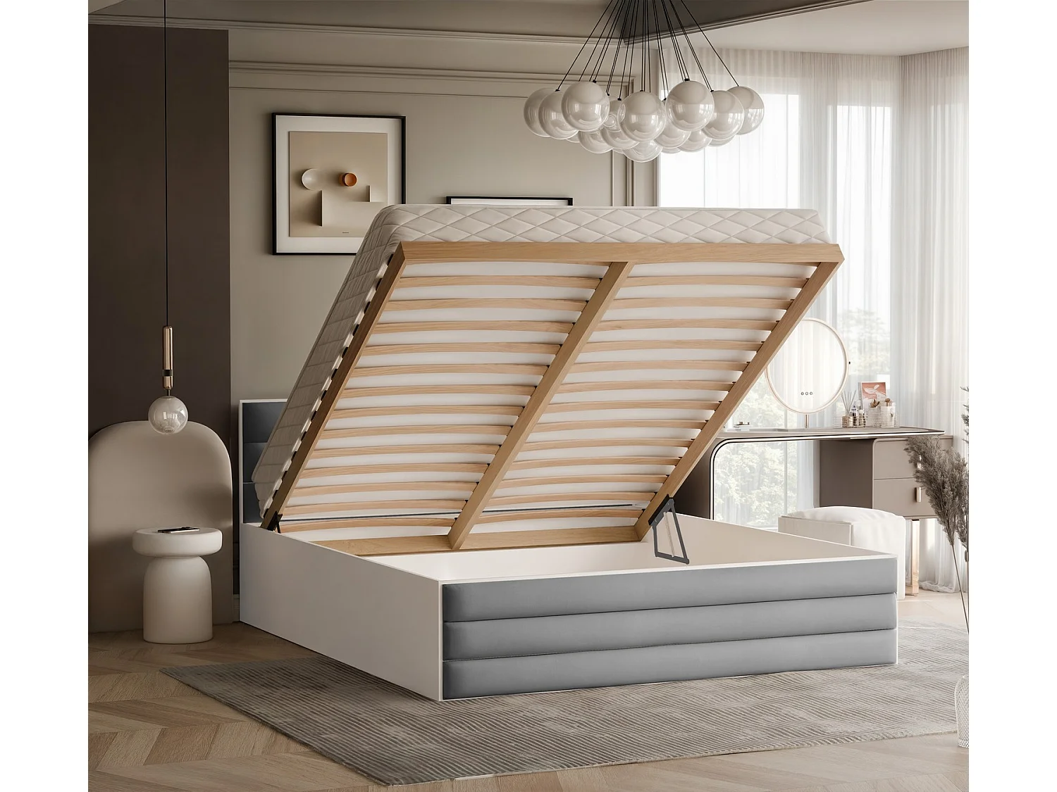 Lit tapissé VANTAGE avec coffre de rangement pour la literie | 140x200 Gris