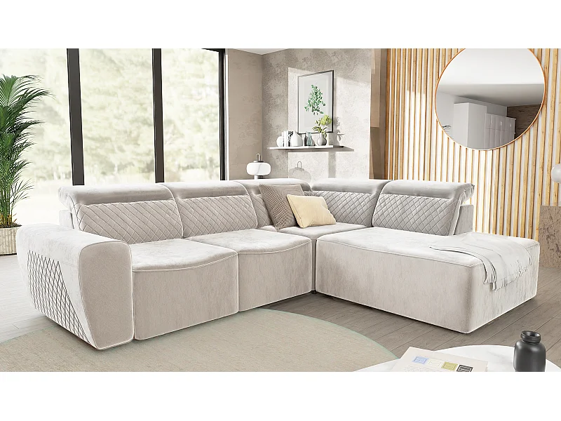 Canapé d’angle moderne avec fonction lit et coffre de rangement, en tissu velours beige, et des appuie-têtes réglables Hilda