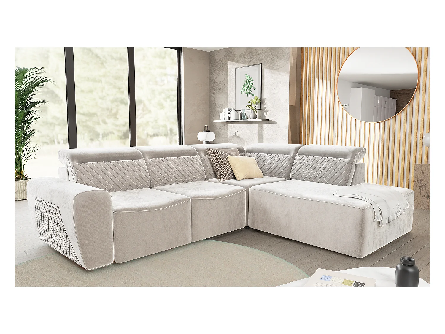 Canapé d’angle moderne avec fonction lit et coffre de rangement, en tissu velours beige, et des appuie-têtes réglables Hilda