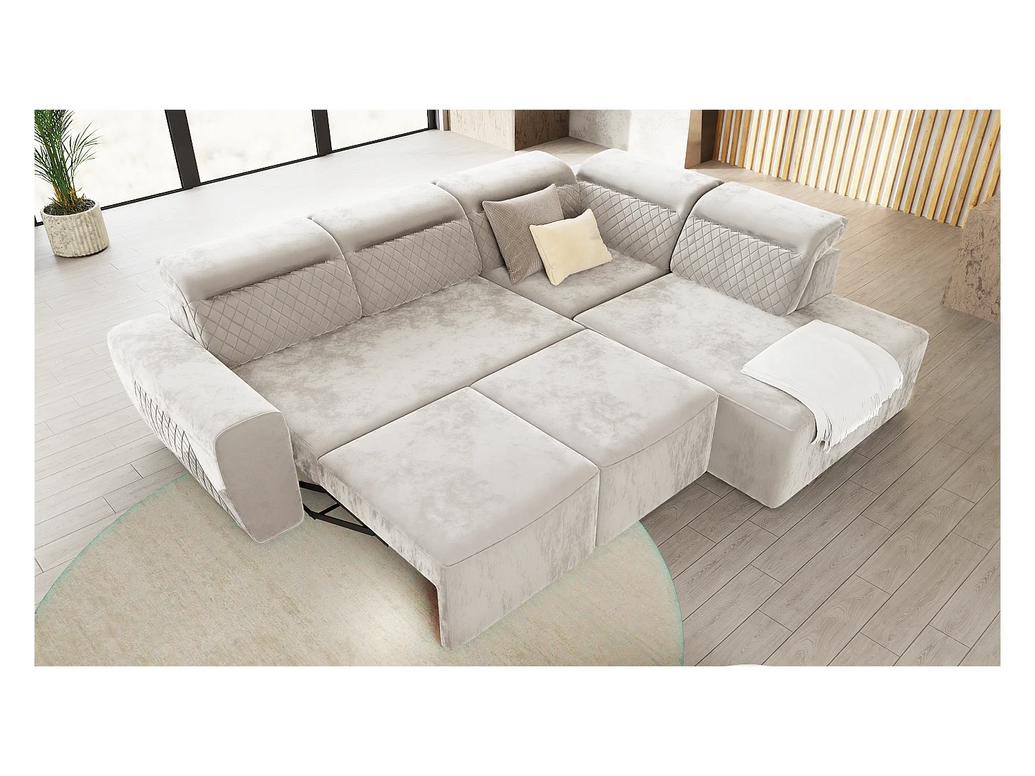 Canapé d’angle moderne avec fonction lit et coffre de rangement, en tissu velours beige, et des appuie-têtes réglables Hilda