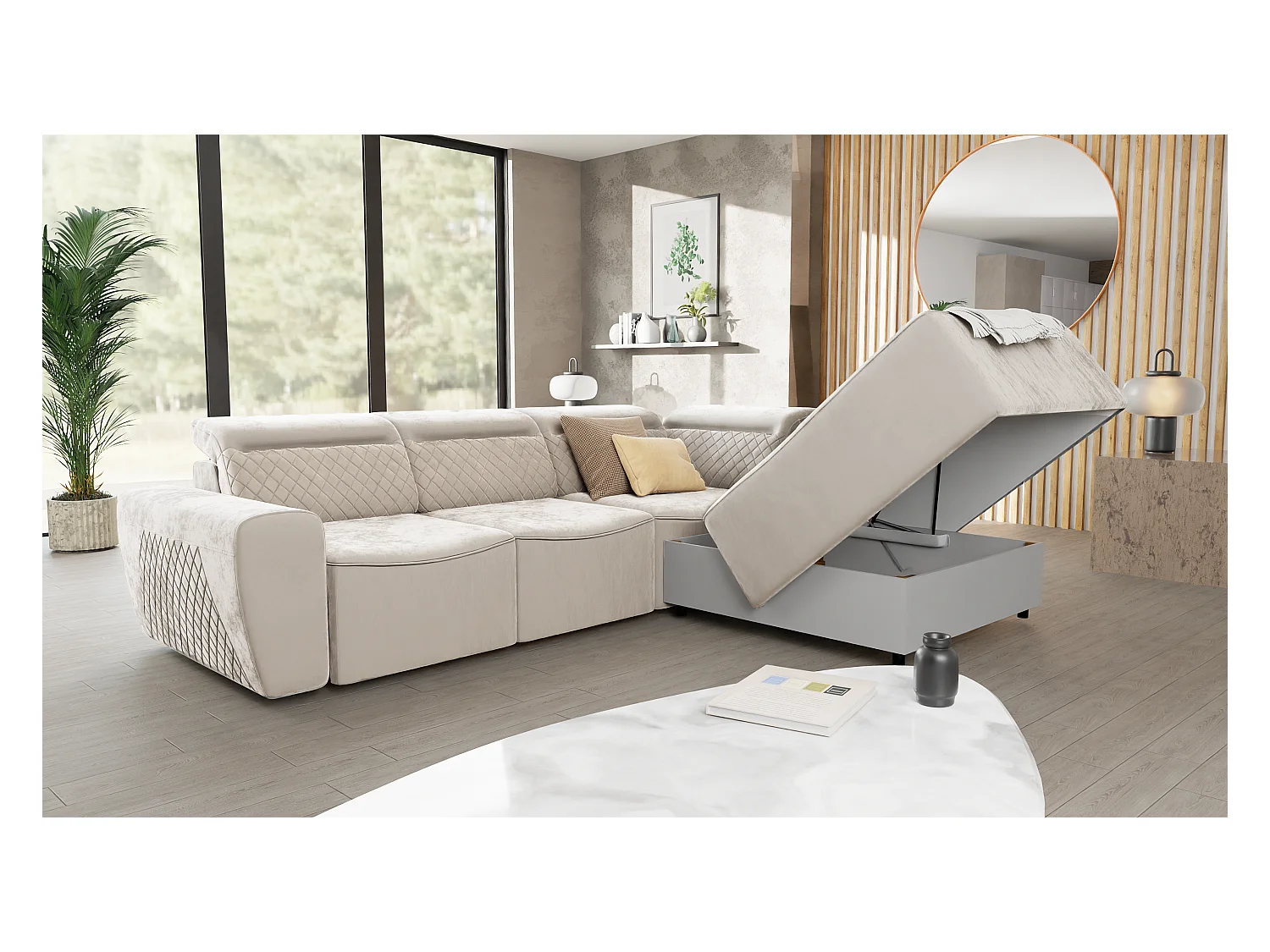 Canapé d’angle moderne avec fonction lit et coffre de rangement, en tissu velours beige, et des appuie-têtes réglables Hilda