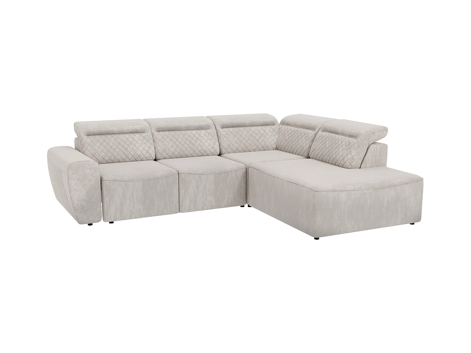 Canapé d’angle moderne avec fonction lit et coffre de rangement, en tissu velours beige, et des appuie-têtes réglables Hilda