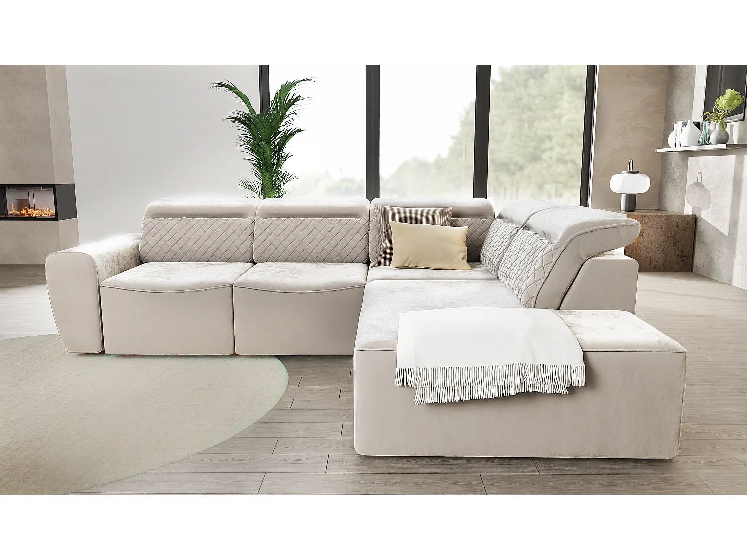 Canapé d’angle moderne avec fonction lit et coffre de rangement, en tissu velours beige, et des appuie-têtes réglables Hilda