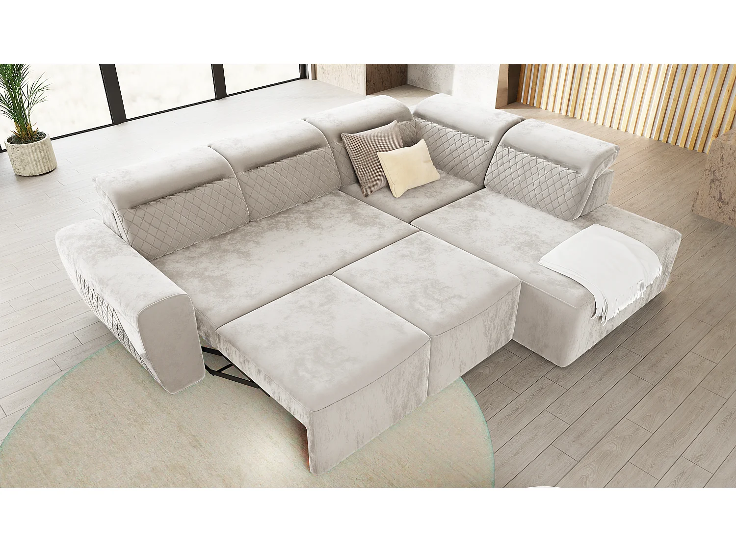 Canapé d’angle moderne avec fonction lit et coffre de rangement, en tissu velours beige, et des appuie-têtes réglables Hilda