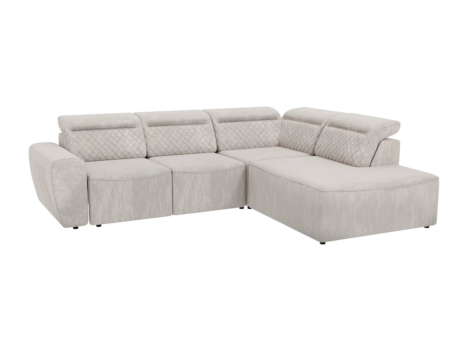 Canapé d’angle moderne avec fonction lit et coffre de rangement, en tissu velours beige, et des appuie-têtes réglables Hilda