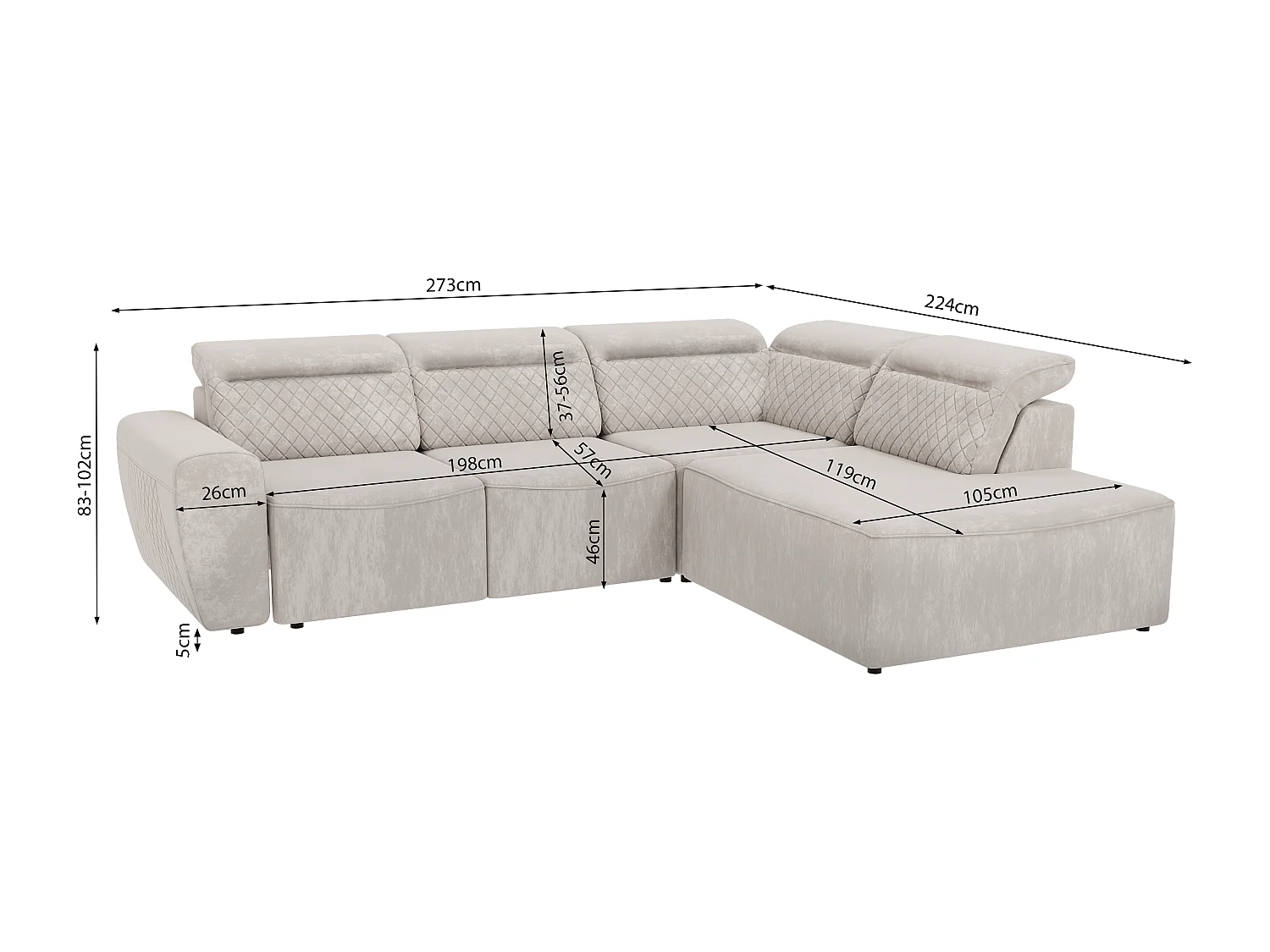 Canapé d’angle moderne avec fonction lit et coffre de rangement, en tissu velours beige, et des appuie-têtes réglables Hilda