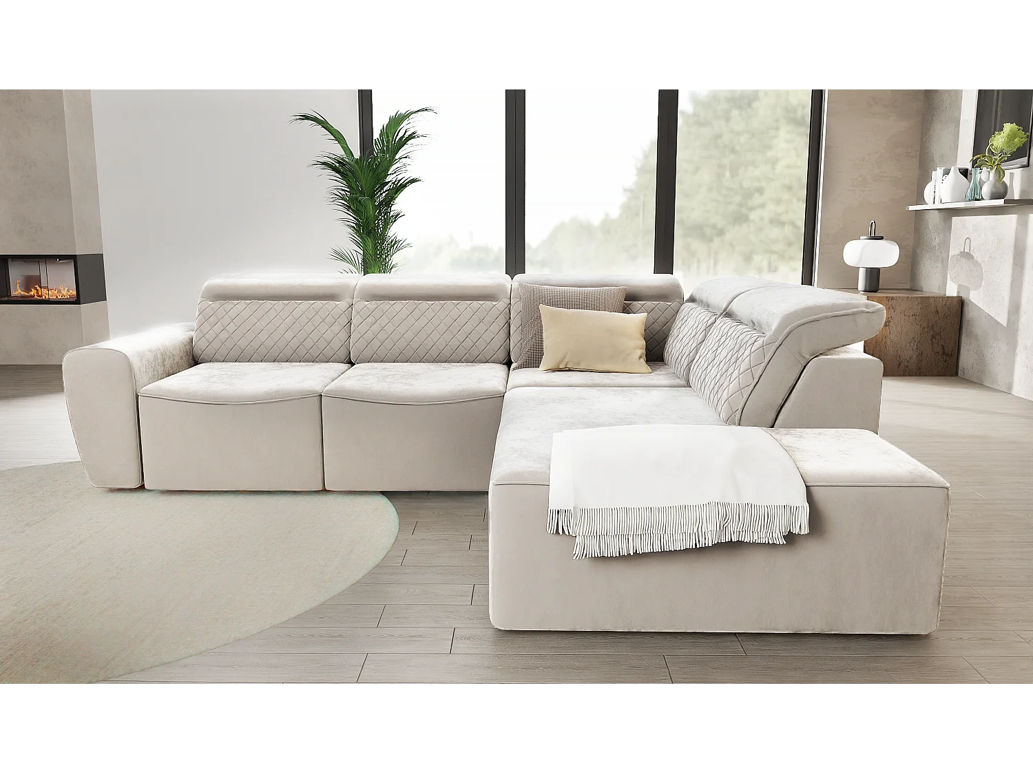 Canapé d’angle moderne avec fonction lit et coffre de rangement, en tissu velours beige, et des appuie-têtes réglables Hilda