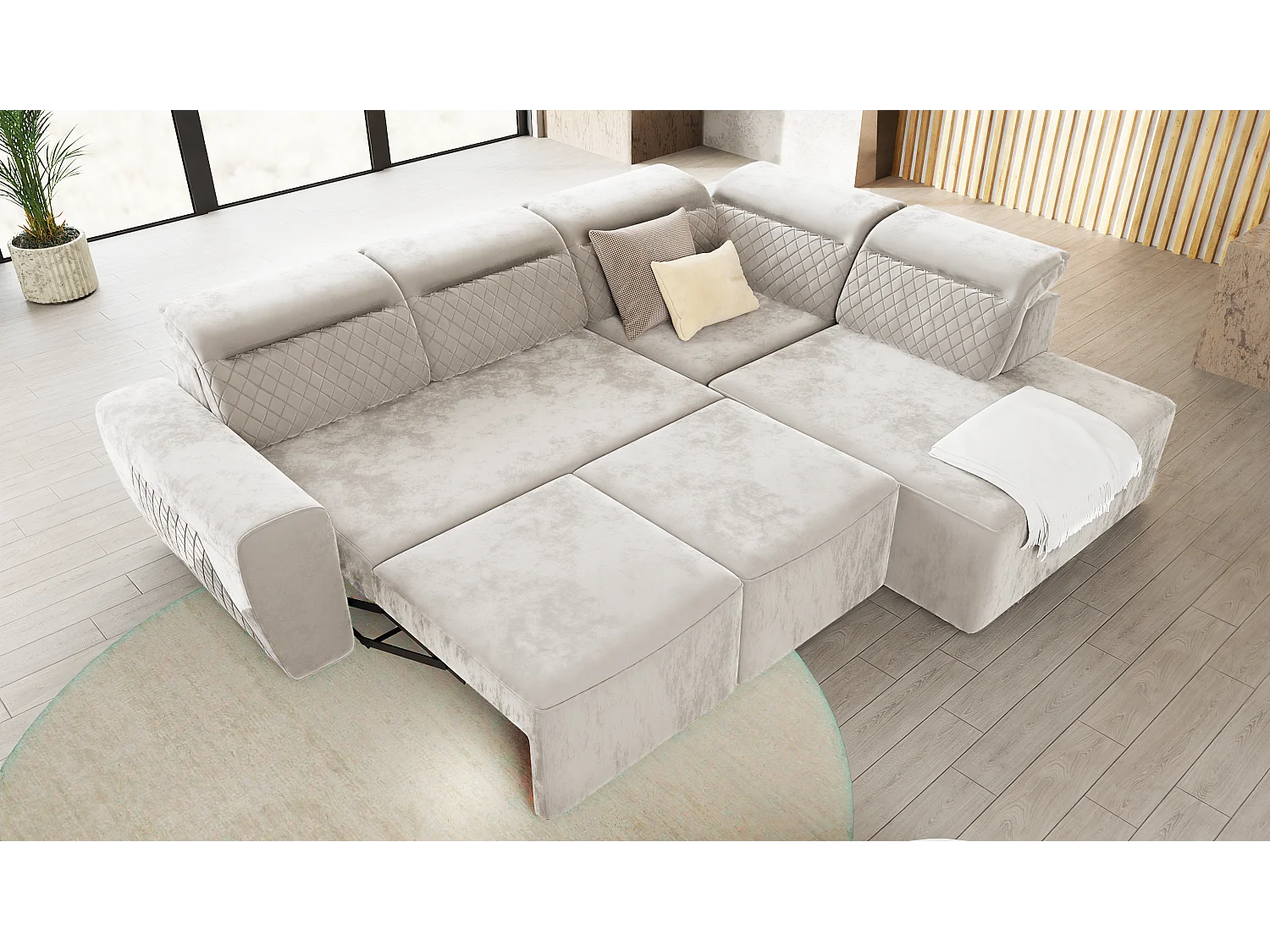 Canapé d’angle moderne avec fonction lit et coffre de rangement, en tissu velours beige, et des appuie-têtes réglables Hilda