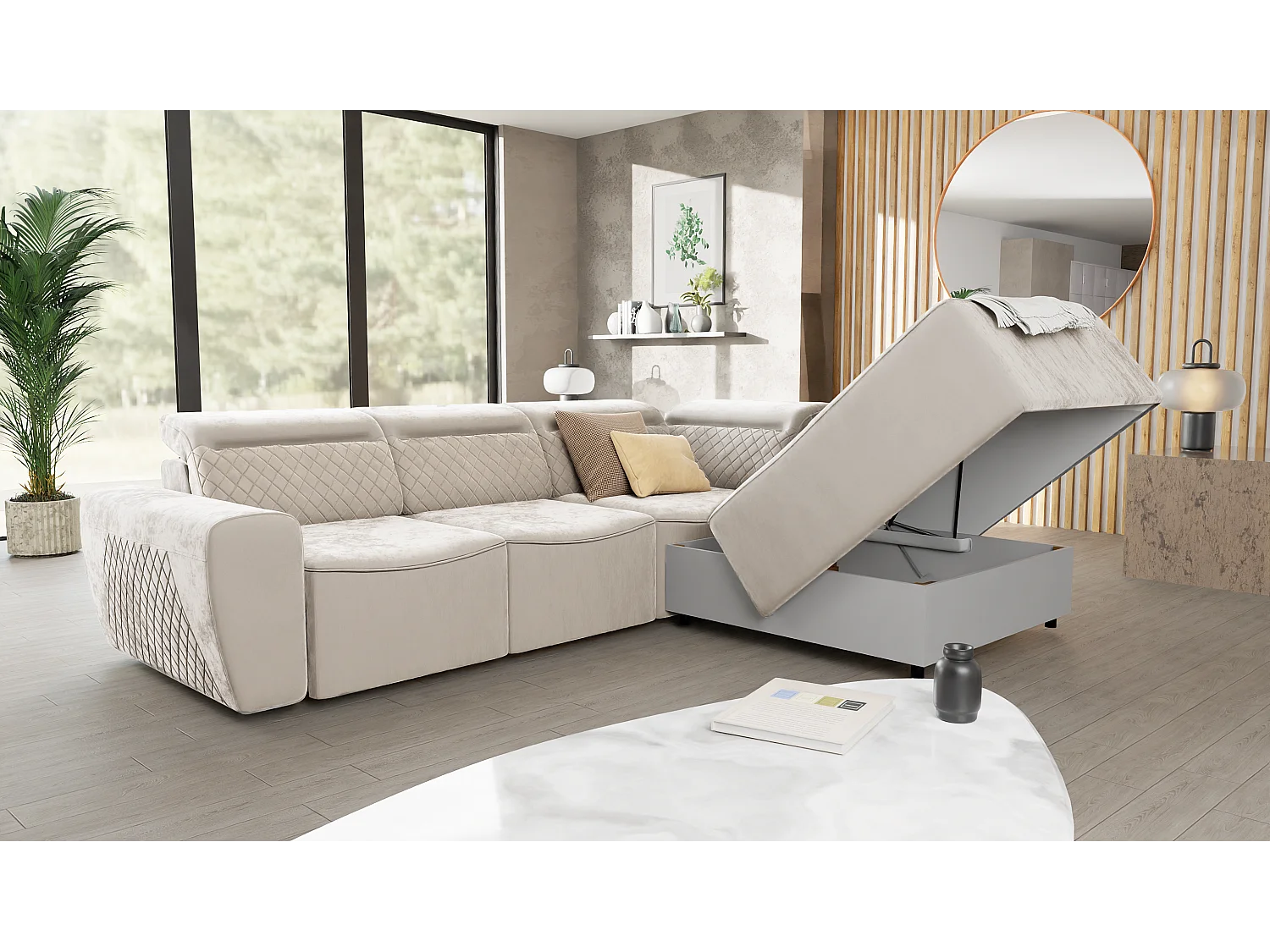 Canapé d’angle moderne avec fonction lit et coffre de rangement, en tissu velours beige, et des appuie-têtes réglables Hilda