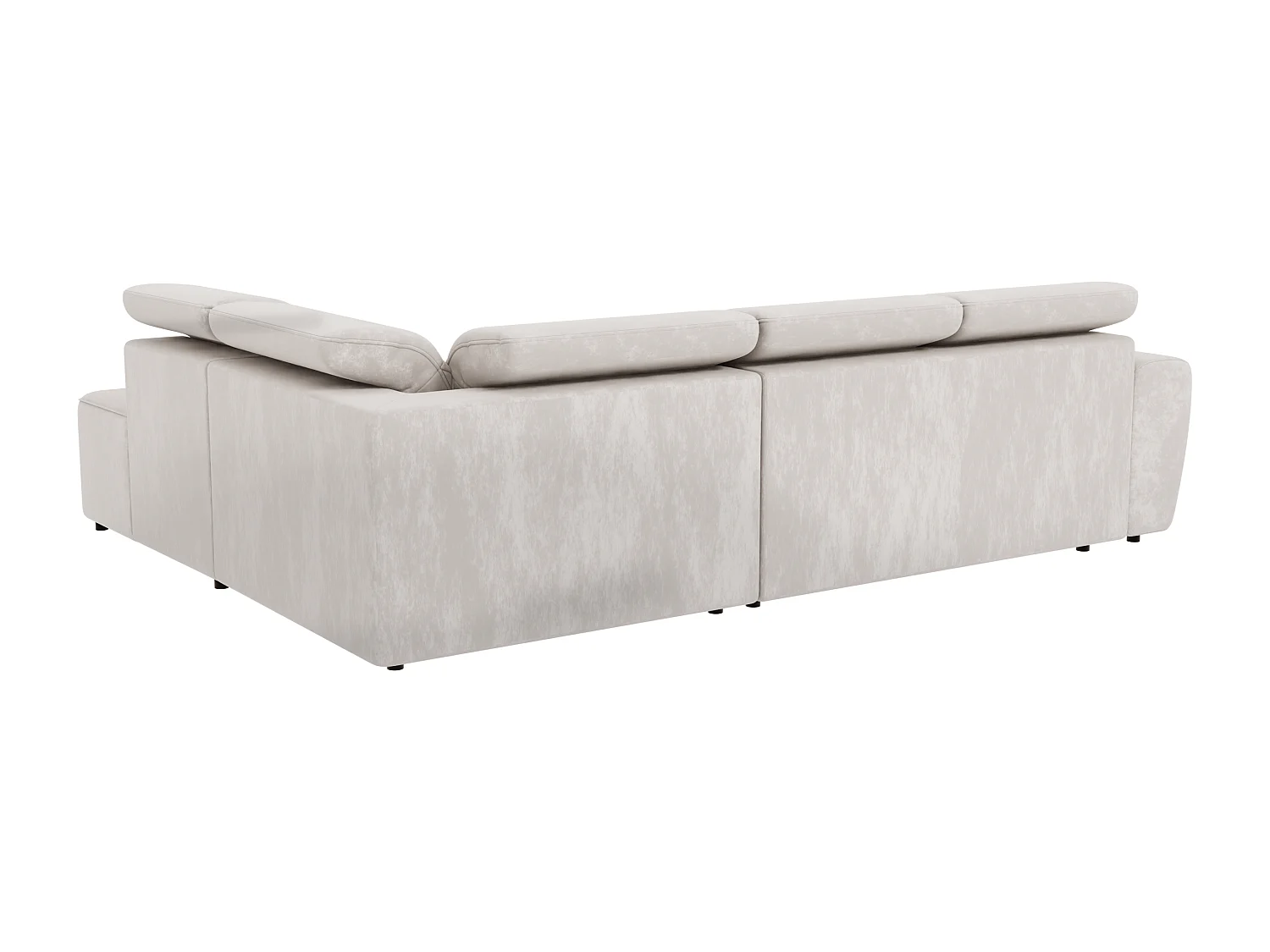 Canapé d’angle moderne avec fonction lit et coffre de rangement, en tissu velours beige, et des appuie-têtes réglables Hilda