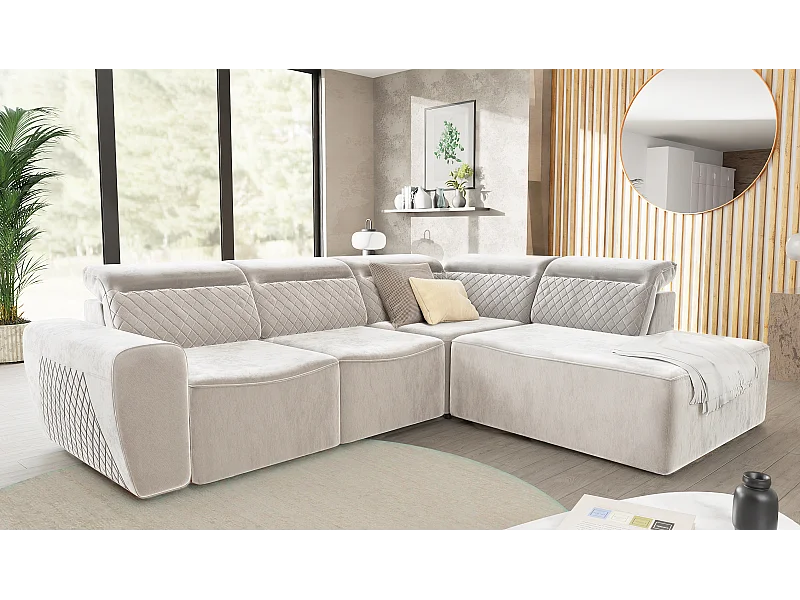 Canapé d’angle moderne avec fonction lit et coffre de rangement, en tissu velours beige, et des appuie-têtes réglables Hilda
