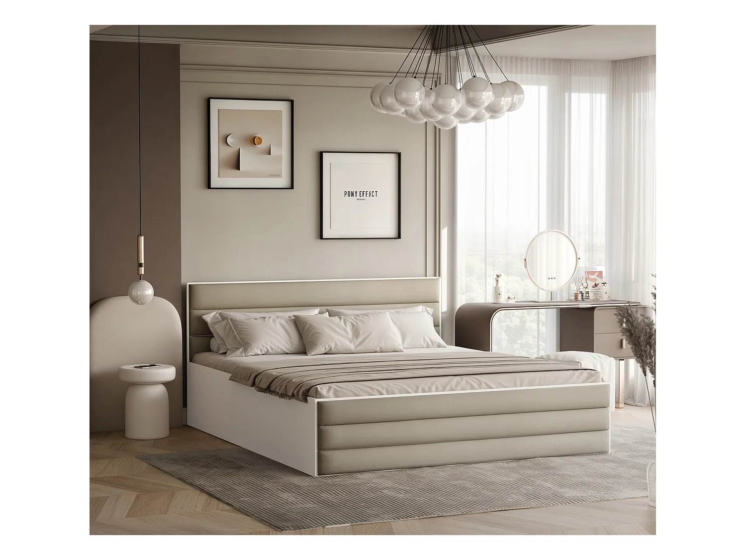 Lit tapissé VANTAGE avec coffre de rangement pour la literie | 140x200 Beige