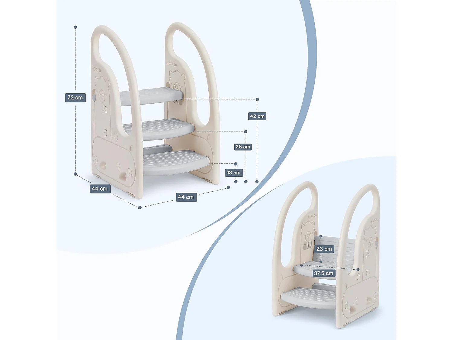 Onasti Escabeau réglable en hauteur à trois niveaux pour enfants avec barre de confort, de 1,5 à 6 ans (Gris)