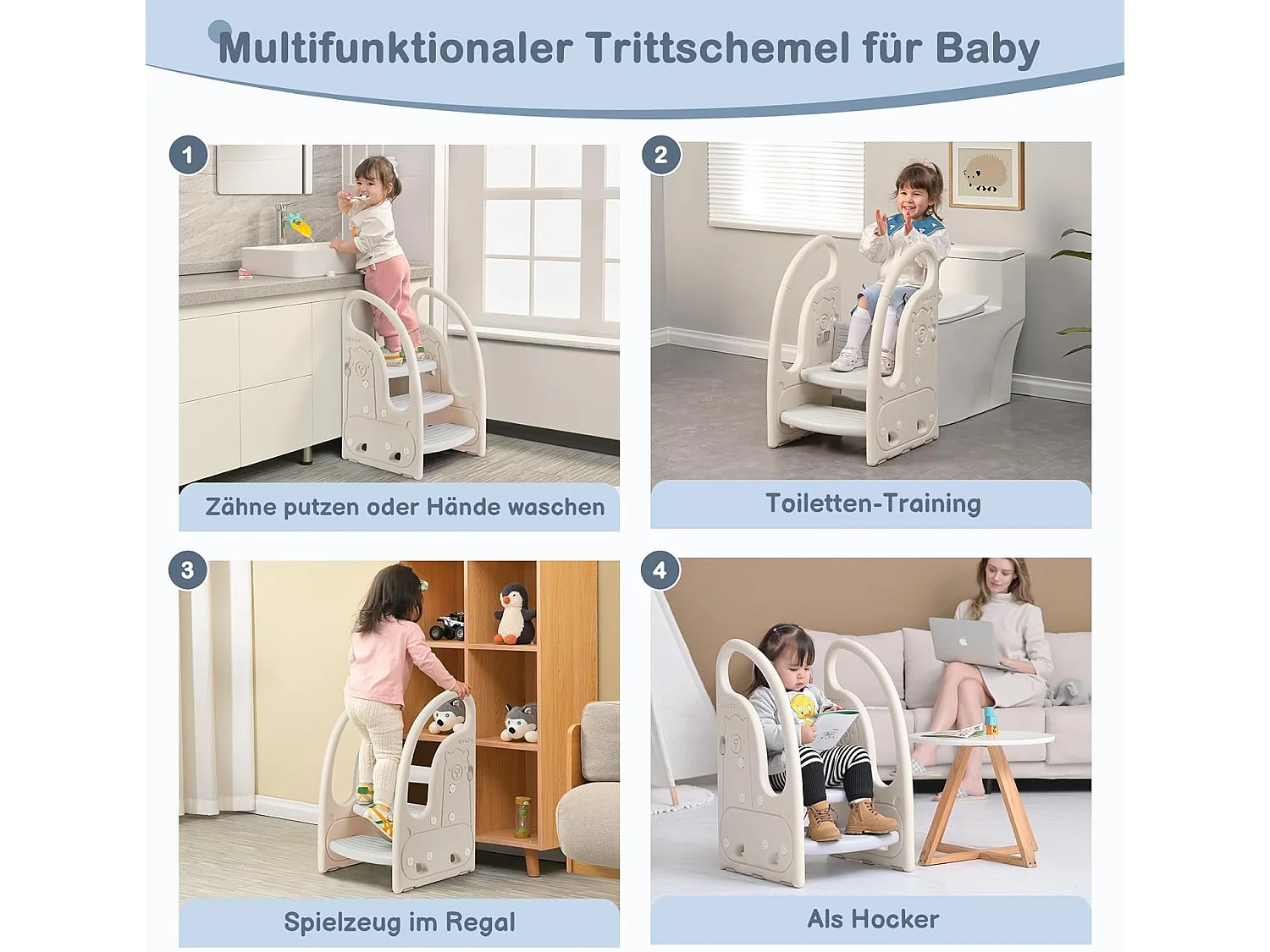 Onasti Escabeau réglable en hauteur à trois niveaux pour enfants avec barre de confort, de 1,5 à 6 ans (Gris)