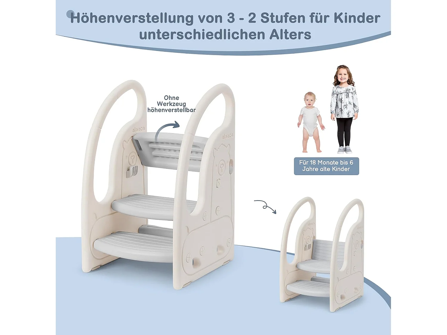 Onasti Escabeau réglable en hauteur à trois niveaux pour enfants avec barre de confort, de 1,5 à 6 ans (Gris)