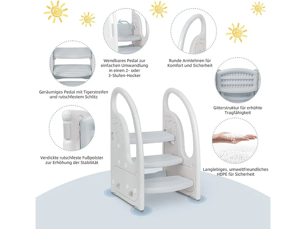 Onasti Escabeau réglable en hauteur à trois niveaux pour enfants avec barre de confort, de 1,5 à 6 ans (Gris)