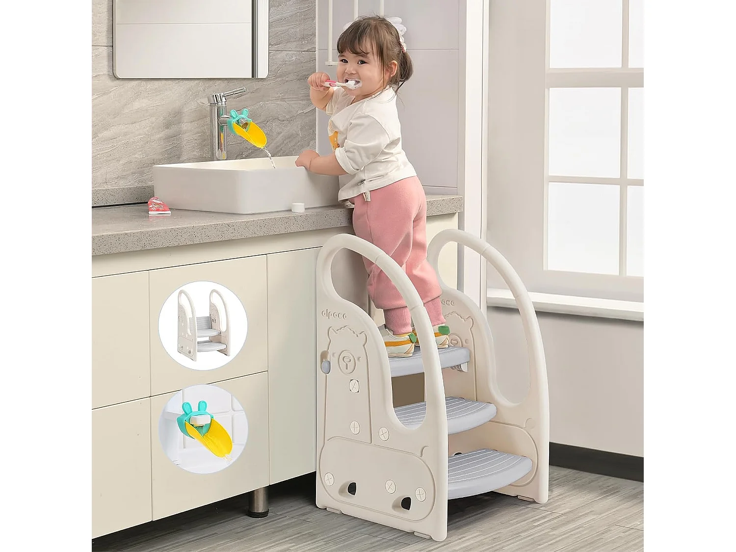 Onasti Escabeau réglable en hauteur à trois niveaux pour enfants avec barre de confort, de 1,5 à 6 ans (Gris)