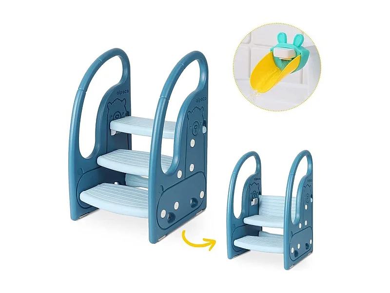 Onasti Escabeau réglable en hauteur à trois niveaux pour enfants avec barre de confort, de 1,5 à 6 ans (Bleu)